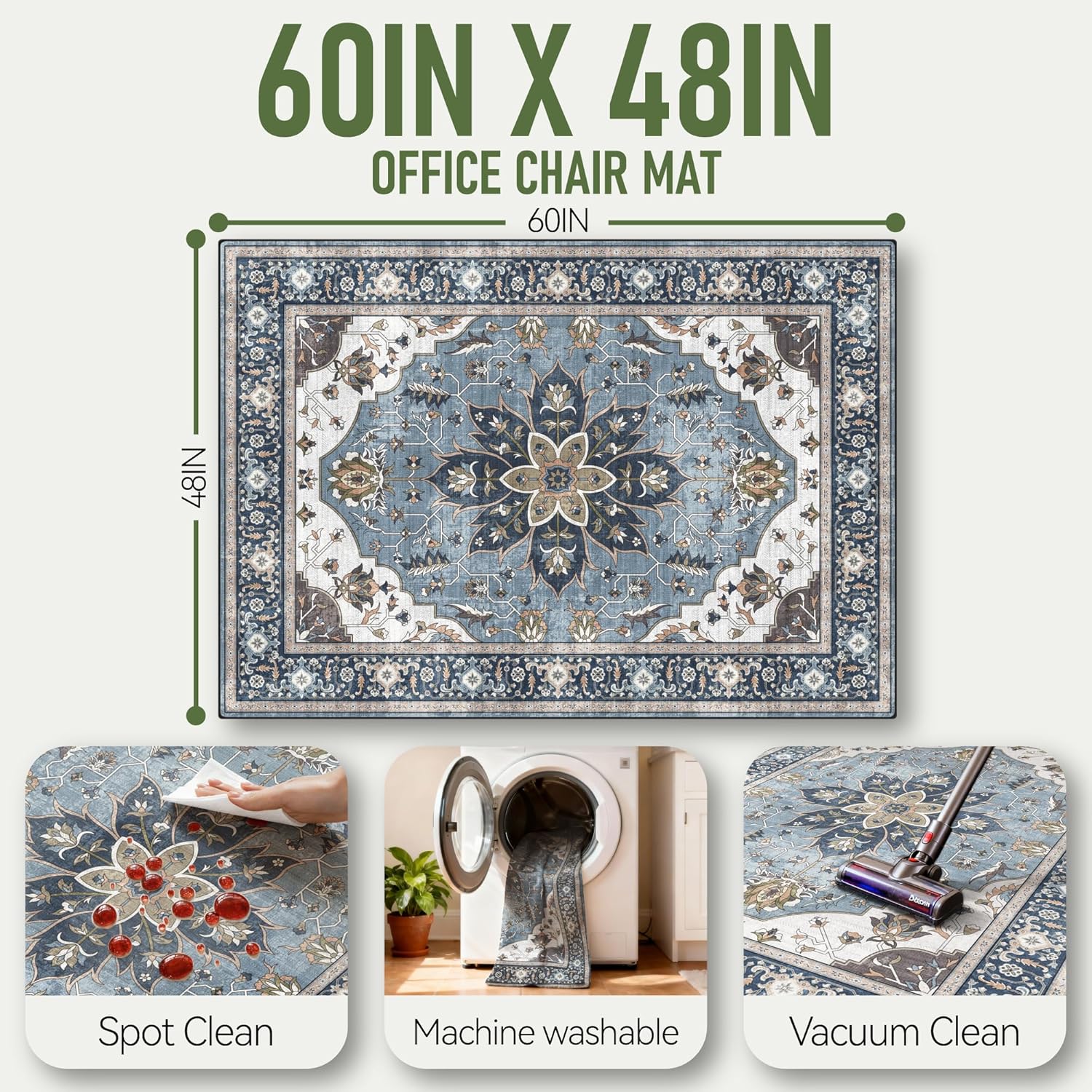 48"x60" Office Chair Mat for Hardwood, Under Desk Chair Mat for Home Office, Anti-Slip Office Rugs for Rolling Chairs, Floor Protector Washable Rugs Blue