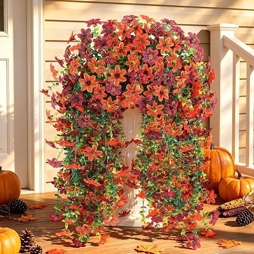 Artificial Mums for Outdoors Fall Decor, Fake Hanging Flowers,2PCS