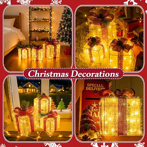 Miniatura 5 de Juego de 3 cajas de regalo iluminadas de Navidad, 60 luces LED blancas cálidas preiluminadas, cajas de regalo decorativas para vacaciones,