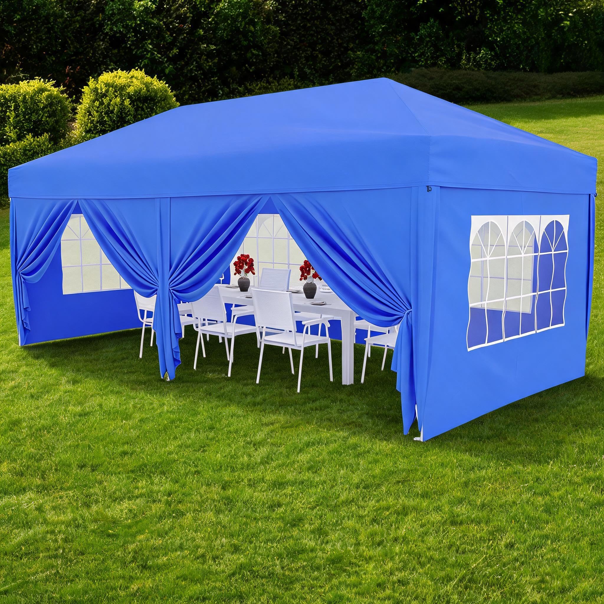 Pop Up Gazebo 3x6m with 6 Sides, Silver-Coated Oxford Fabric, Blue