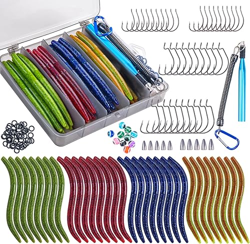 Goture Wacky - Kit de señuelos de pesca con gusanos, kit de herramientas de pesca con lubina, kit de herramientas con señuelos de plástico suave,