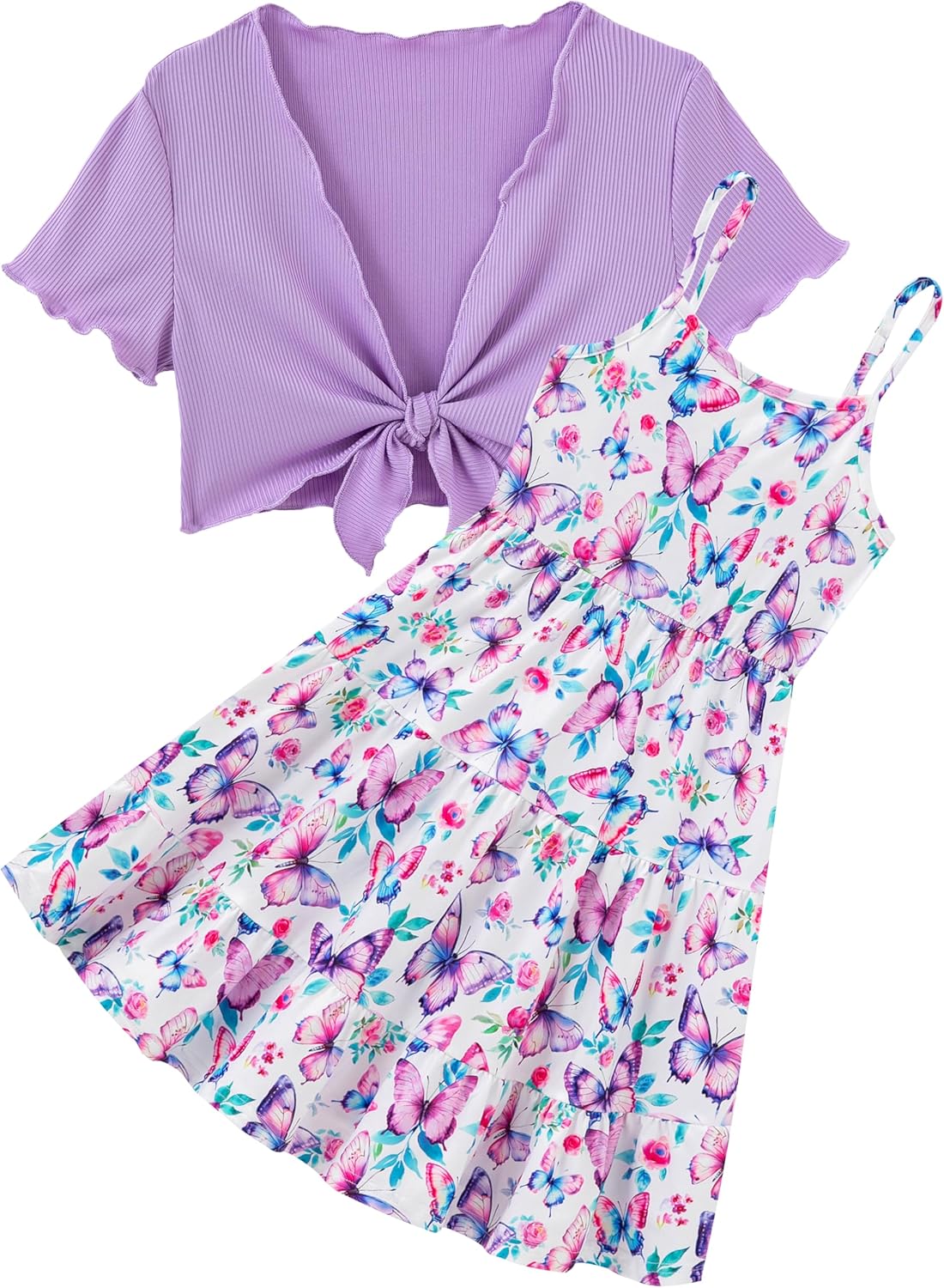 RAISEVERN 7-14Y Girls Adjustable Strap Sleeveless A Line Dress with Cardigan 2 Piece Set