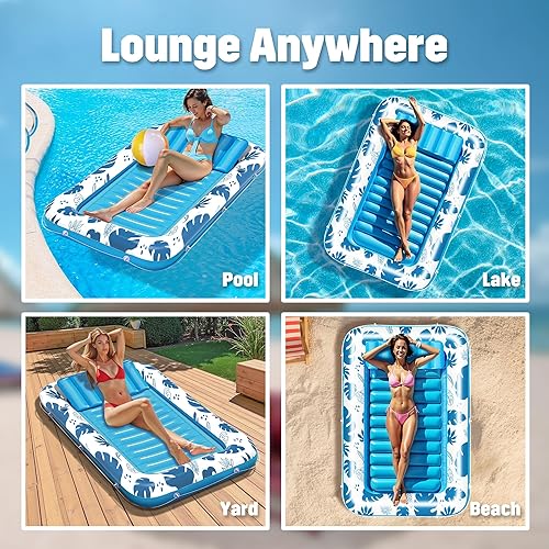 Miniatura 3 de Inflatable Tanning Pool Floats for Adults, 70" x 46" Large Rectangle Pool Lounger Float, Summer Beach Blow Up Lake Suntan Swimming Pool Rafts Blue