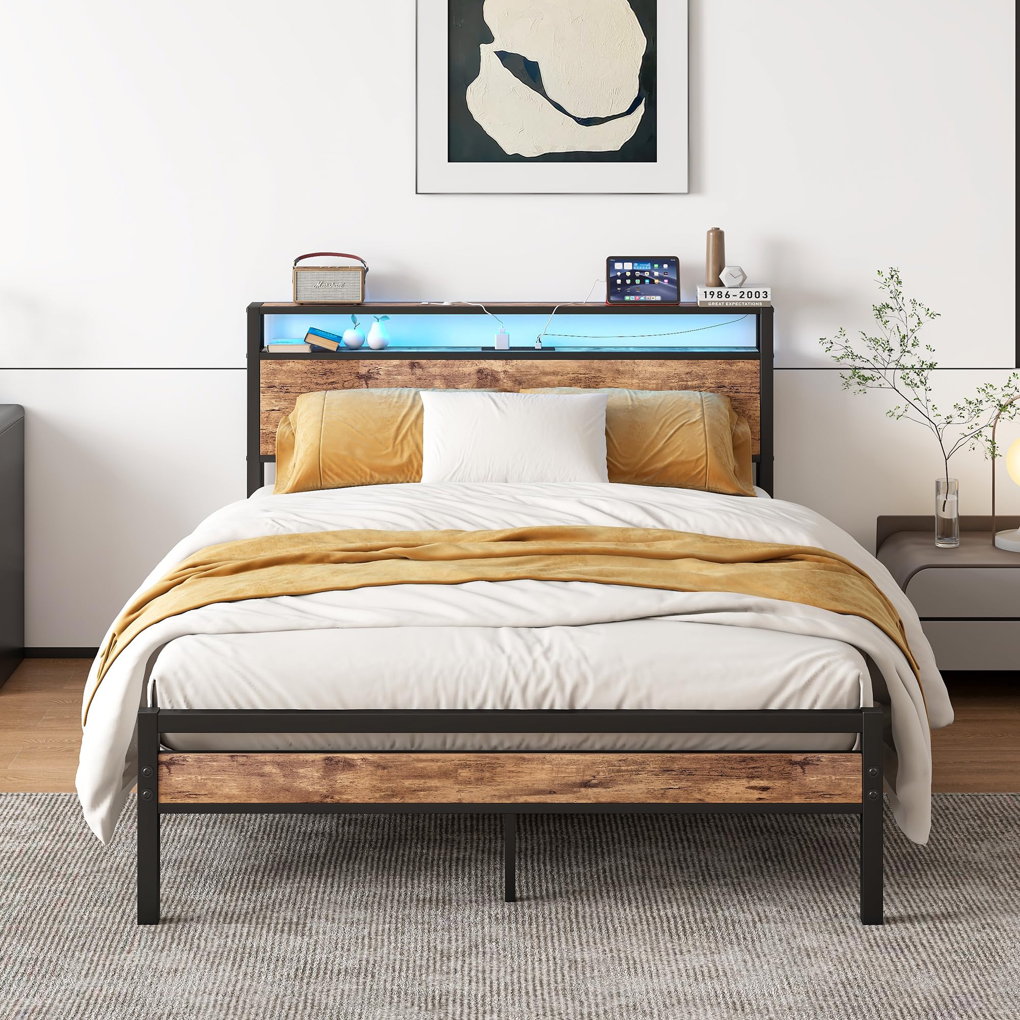 HOJINLINERO Double Bed Frame with Storage Shelf & LED lights,4ft6 Metal Bed Frame Double Bed with Charging Station,Mattress Base/Underbed Storage,Heavy Duty Bed 135x190cm Slats Support,Black & Brown
