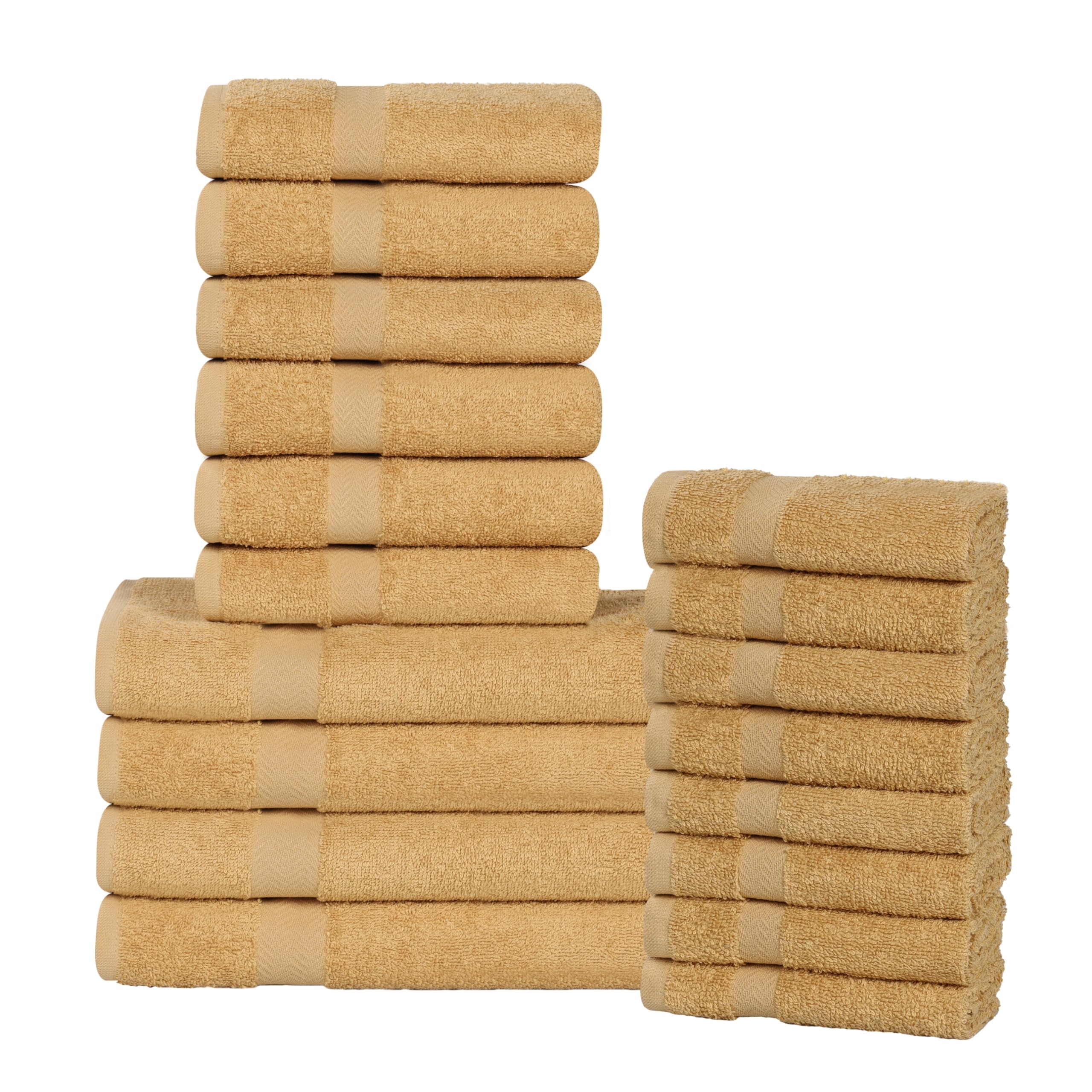 Superior 18-Piece Cotton Assorted Towel Set, Includes 8 Face/Washcloths, 6 Hand, and 4 Bath Towels, Lightweight Essentials, for Home, Gym, Beach, Bathroom, Quick Drying, Franklin Collection, Gold
