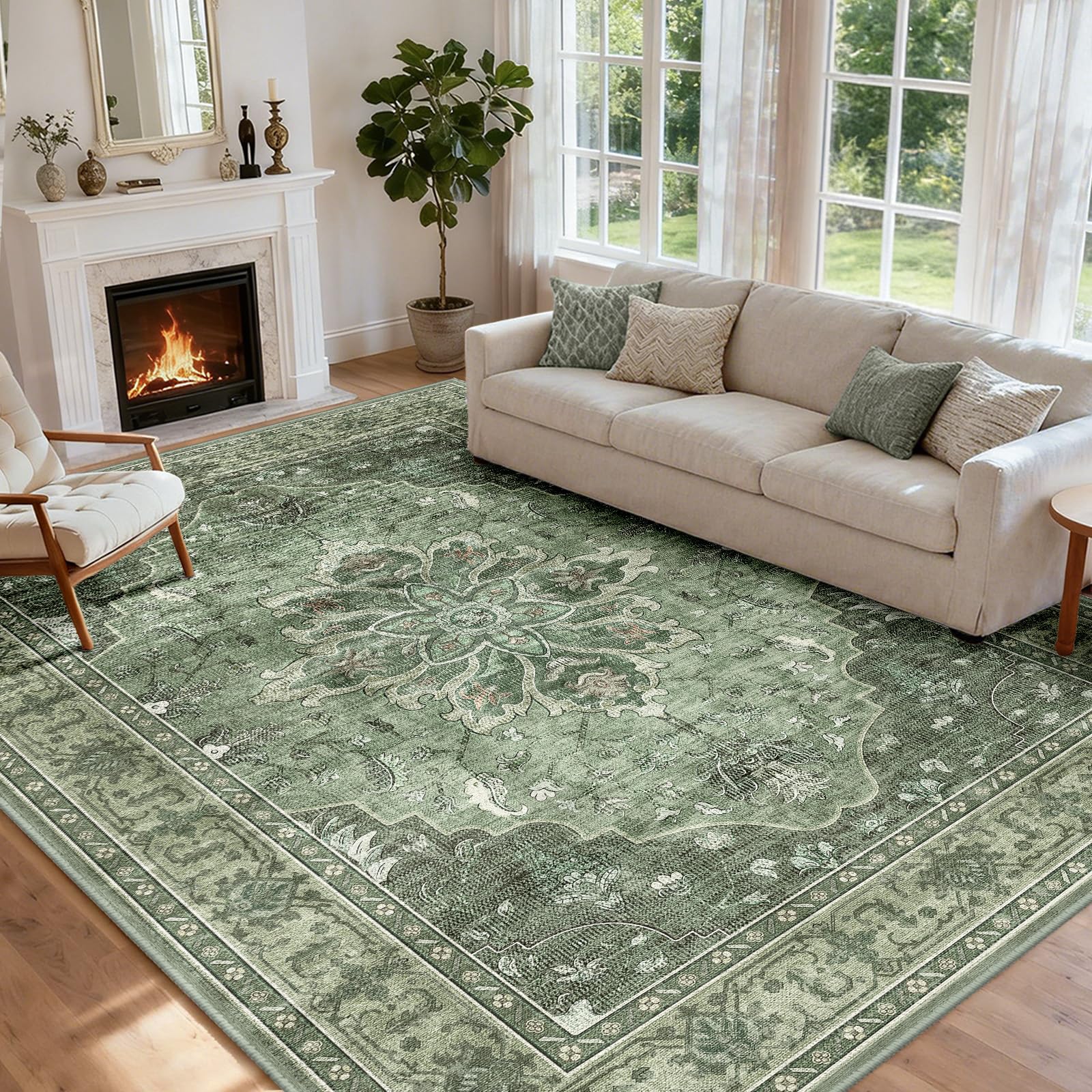 INOVADAY Machine Washable Rugs 240x300 cm Vintage Area Rug Low Pile Anti-Slip Carpet with Print Pattern for Living Room Bedroom Home Office Indoor Green/Grey