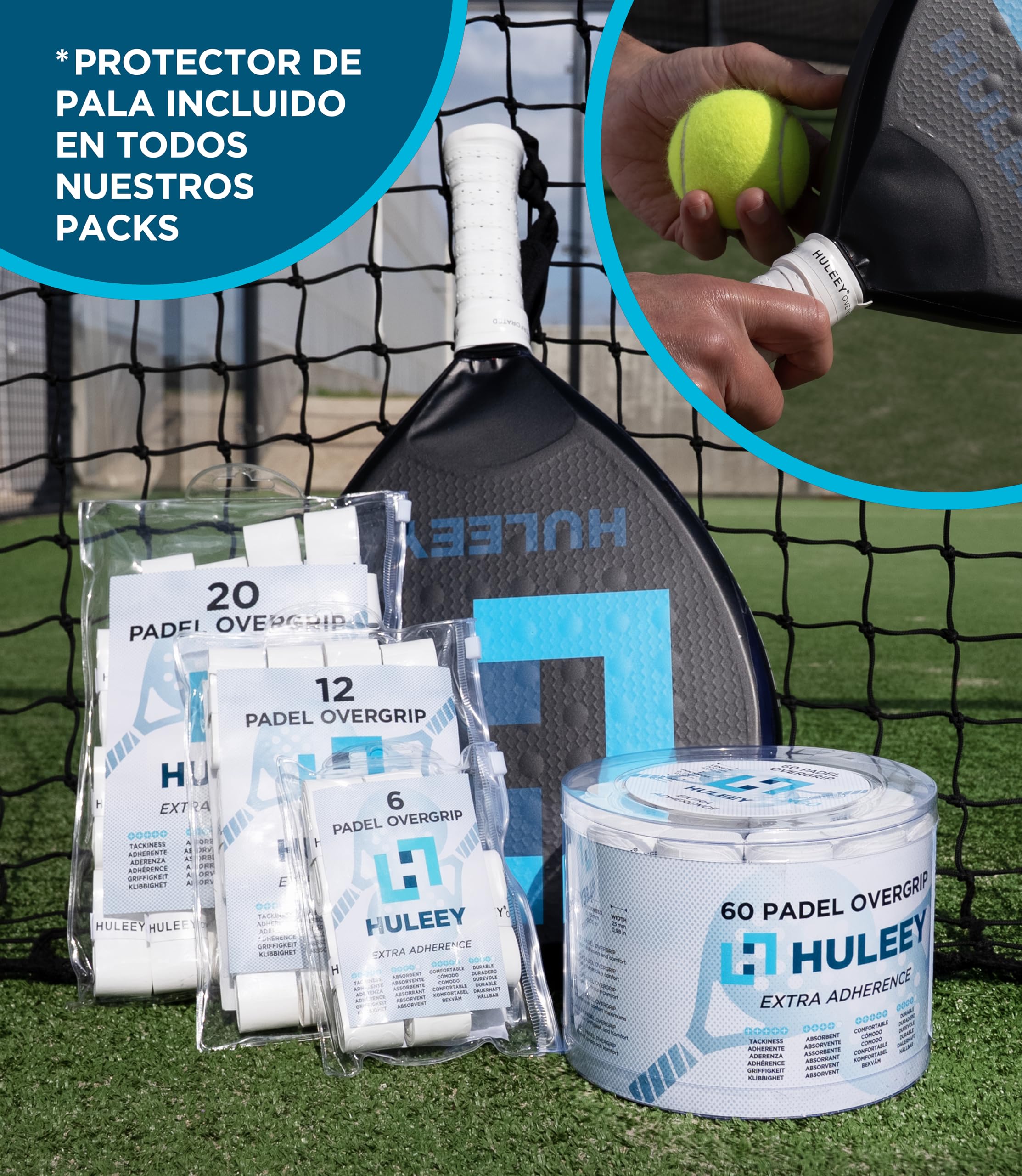 HULEEY Overgrips Pádel Blanco Perforado – Packs 6/12/20/60 – Antideslizante Extra-Adherente – Alta Absorción – Incluye Protector de Pala — view 7
