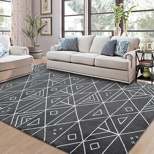 Alfombra marroquí grande de 11 x 15 pies, alfombra suave y gruesa para dormitorio, alfombra moderna de color gris, alfombra geométrica de pelo bajo,