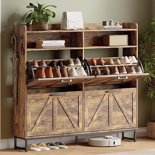 Miniatura 22 de Gabinete para Zapatos con 2 Cajones Abatibles, Organizador Independiente Oculto para Almacenamiento de Zapatos para Entrada, Gabinete Estrecho y