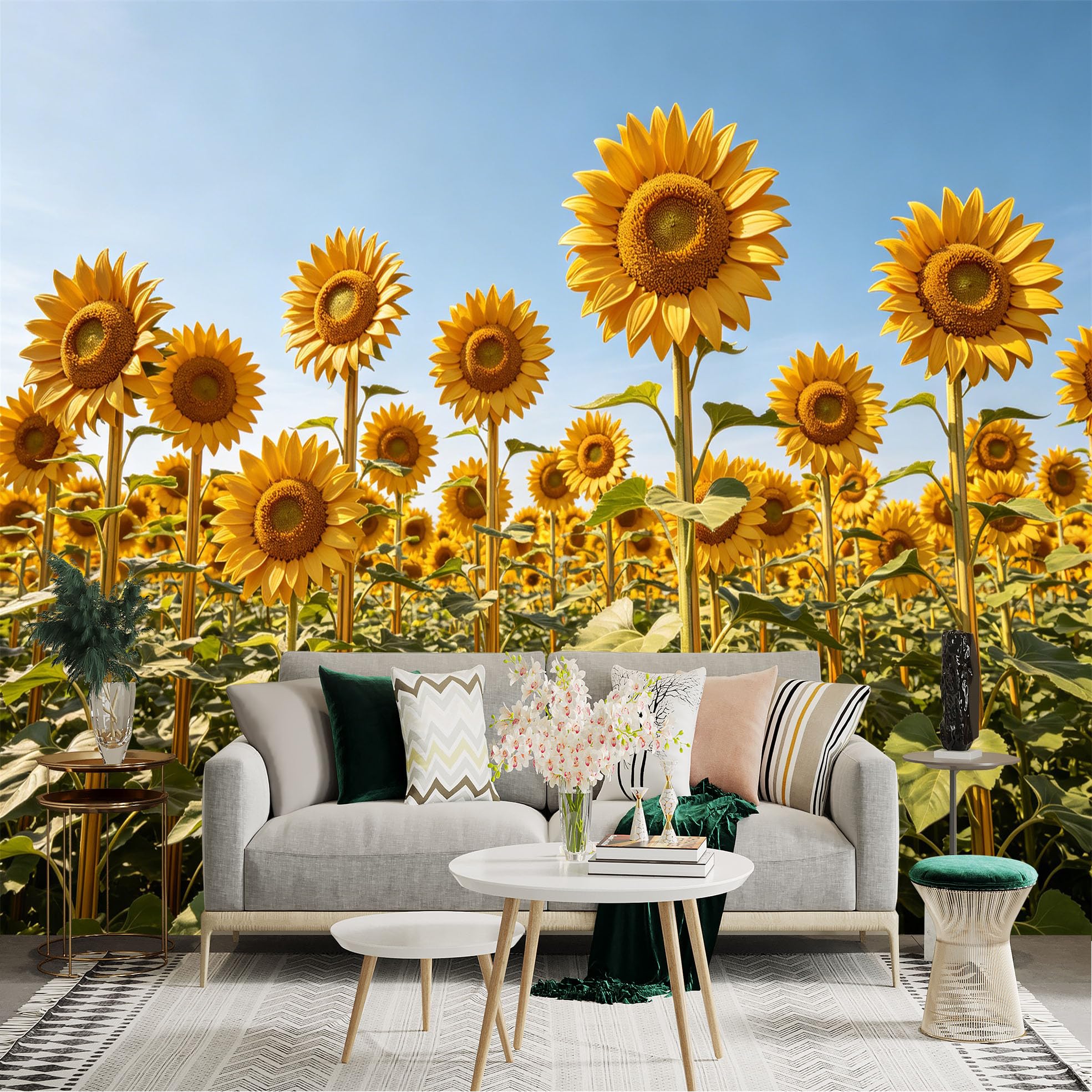 Lnzczhyre Dbh260521836 Custom Size Wall Sticker Mural， Vibrant Sunflowers Field， Sunny Summer Meadow， Bright Golden Petals， Nature Floral Scenery， For Wall Decoration， Peelandstick Wall Decals.