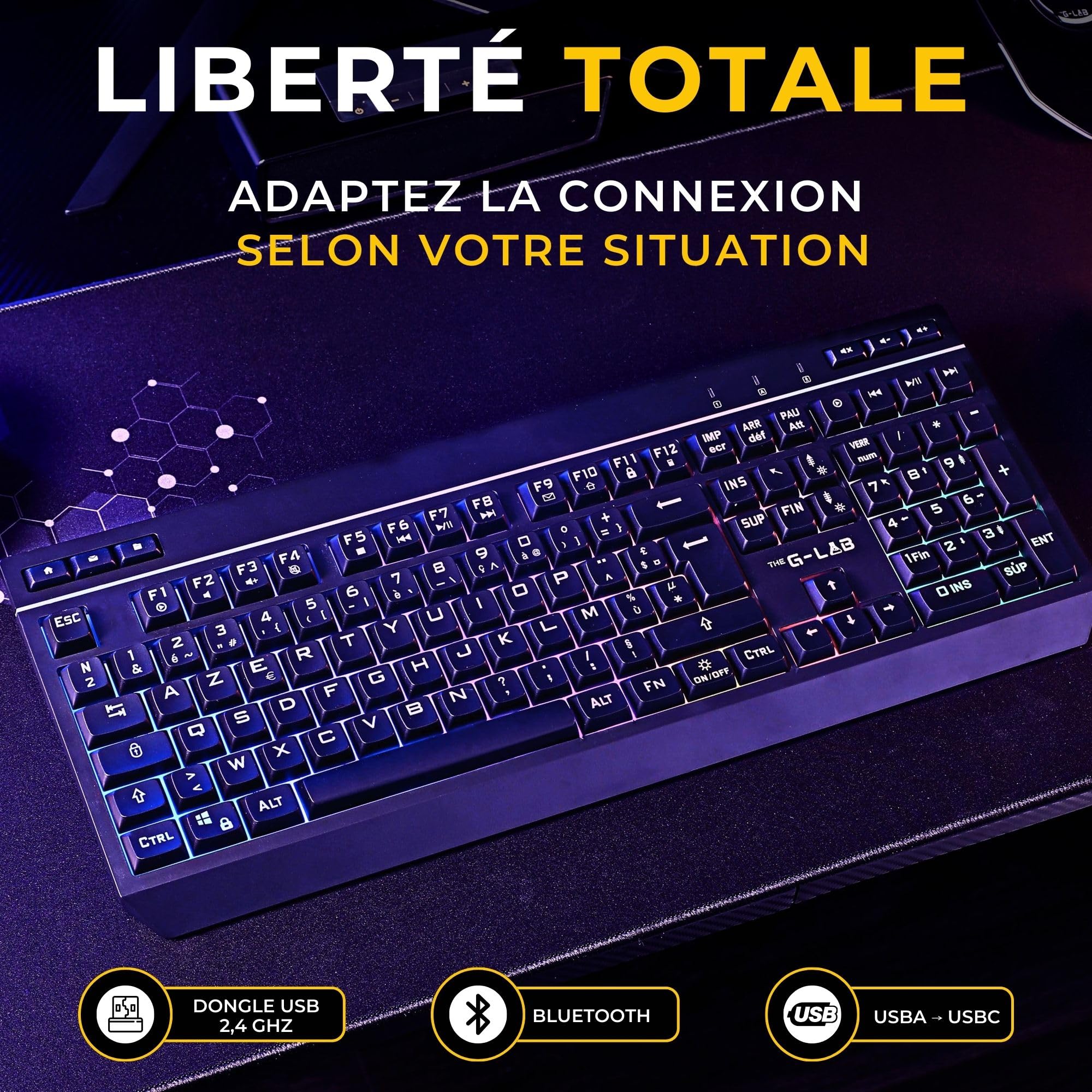 The G-Lab - KEYZ Tungsten EX - Cicha klawiatura membranowa do gier - AZERTY FR - Tryb potrójny (2,4 GHz, BT, przewodowy) - RGB i makra - Dedykowane oprogramowanie - Klawiatura gamingowa PC/PS4/PS5