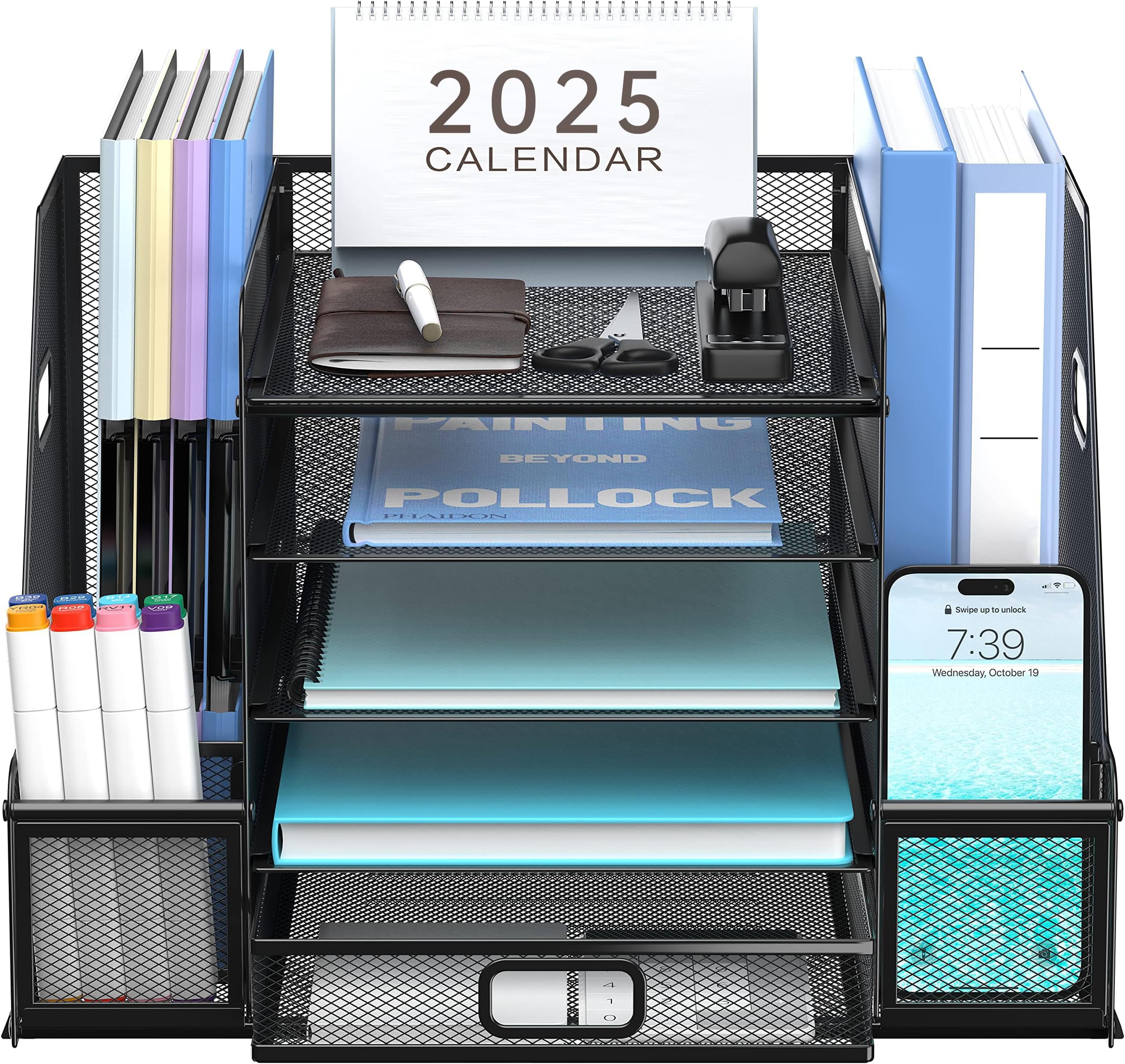 Mesh Desk Organizer with File Holder 5-Tier Paper Letter Tray Organizer with Magazine Holder Desktop Organizer and Storage with Upright Sections for Office Supplies Home or School (Black)