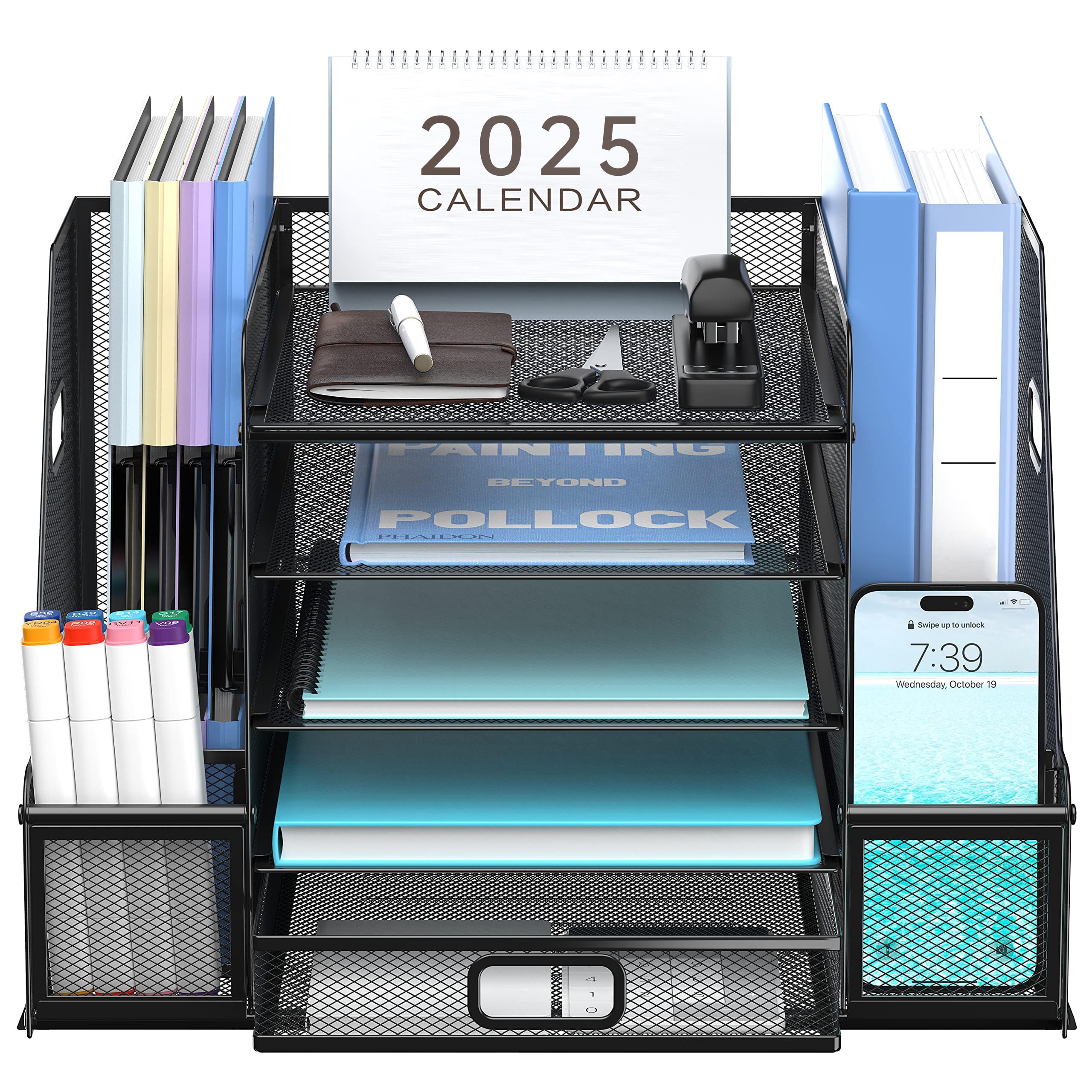 SUPEASY Mesh Desk Organizer with File Holder, 5-Tier Paper Letter Tray Organizer with Magazine Holder, Desktop Organizer and Storage with Drawer for Office Supplies Home or School, Black