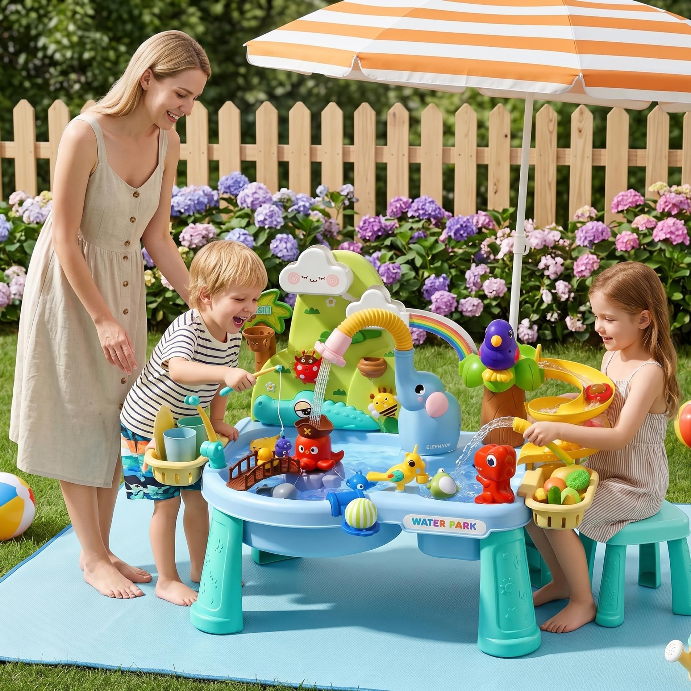 Tavoli sensoriali combinati con sabbia e acqua, Tavolo acquatico multigioco per bambini piccoli, Tavolo sensoriale a ricircolo elettrico con spruzzatore a forma di elefante, Blu, Ornaments de jardin