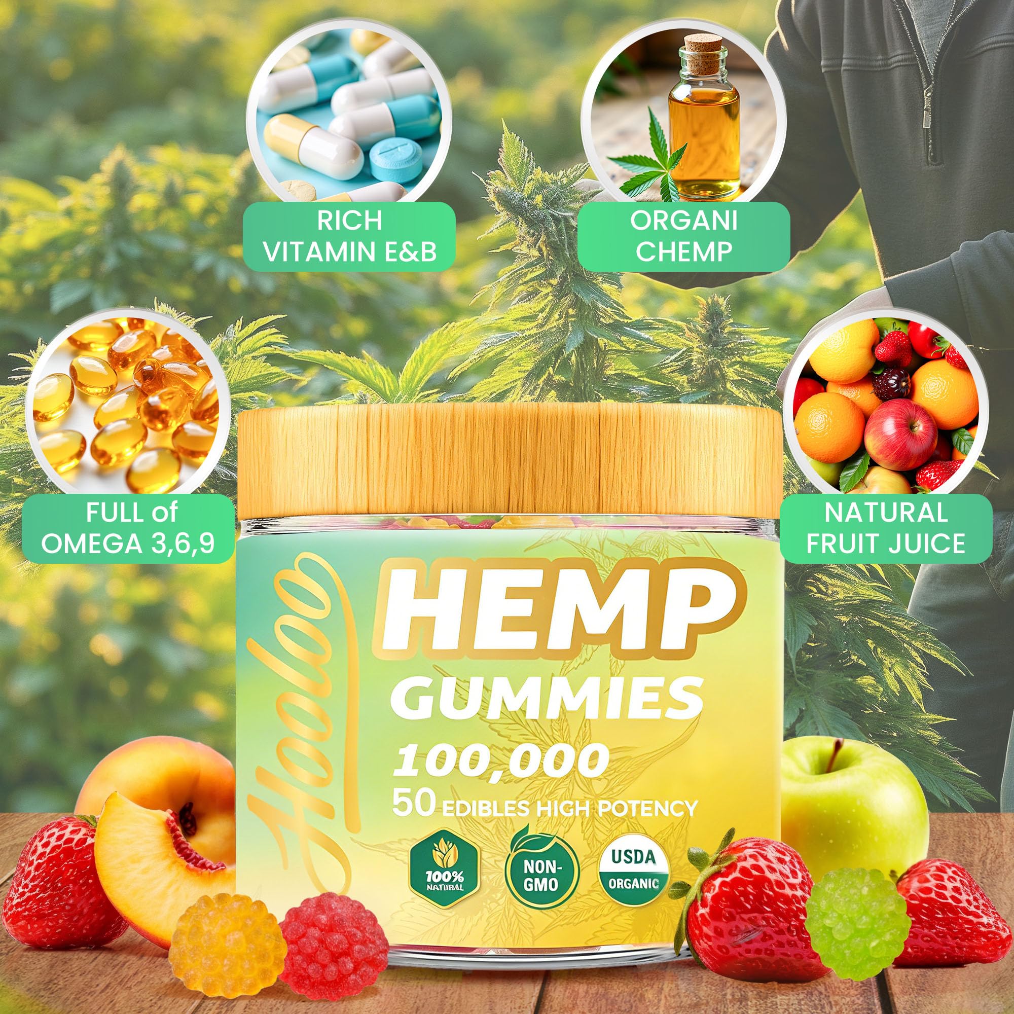 HOOLOO Hemp Gummies 100,000 for Deep Sound Bedtime Support and Discomfort Relief, Fruity Gummy Infused Omega 3 Vitamins, Made in USA — Amazon image 3