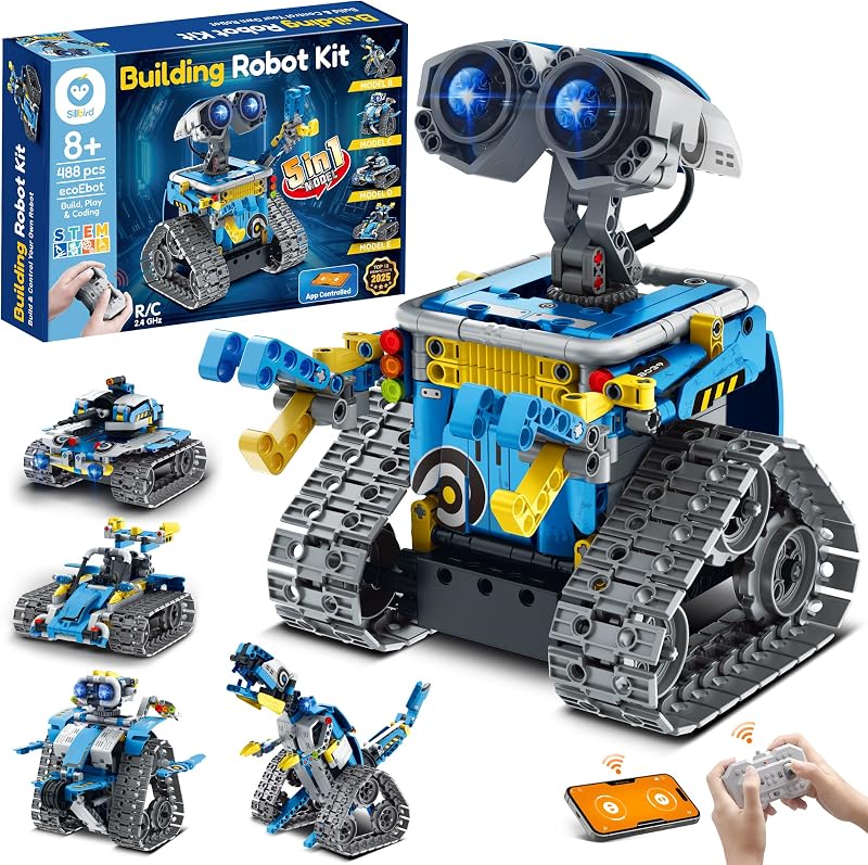 Sillbird Building Robot Kit with Remote Control STEM Gift for Boys Age 8-12 | Coding Robotic Toys, Educational Birthday Presents, App-Controlled, Build 5in1 Models, Rechargeable Blue Bot Set, 488 Pieces