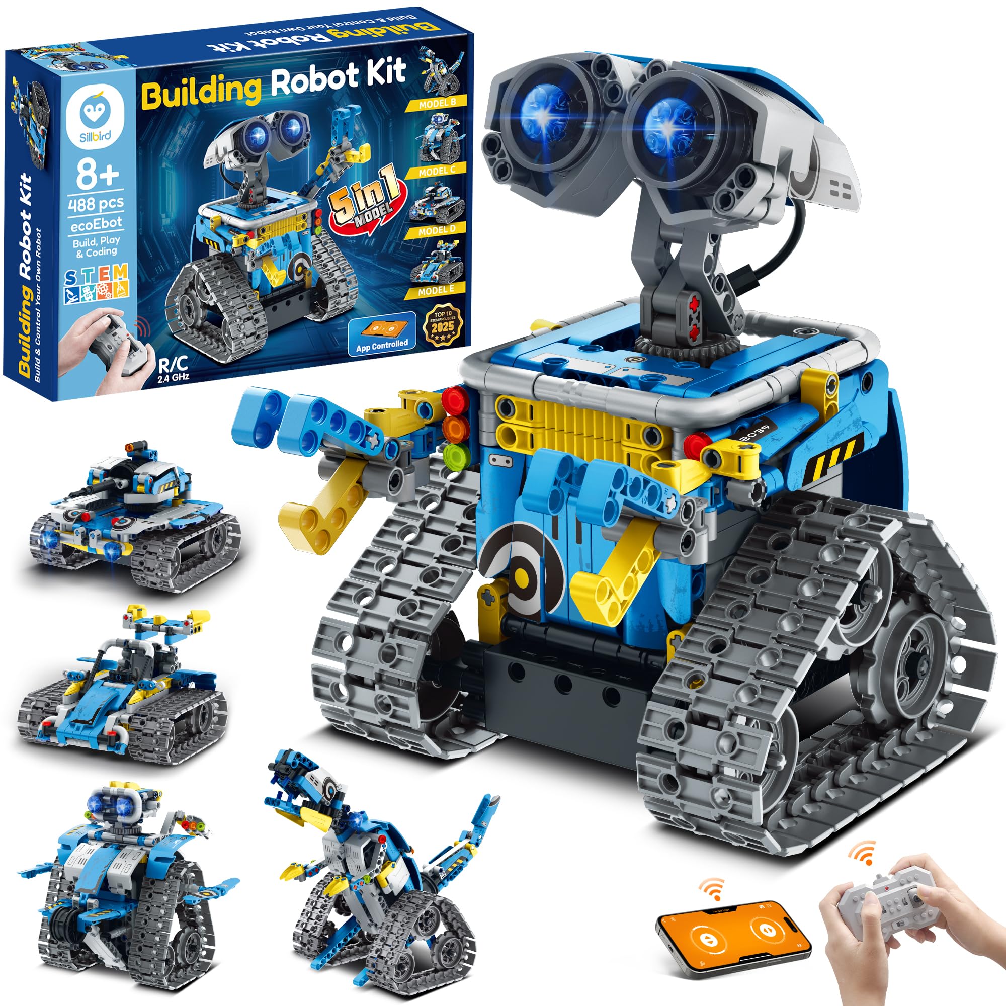 Sillbird Robot Building Kit with Remote Control Christmas STEM Gifts for Boys Ages 8-12, Technic Coding Robotic Toys for Kids Birthday, Build 5in1 Models with 488 Pieces - Blue