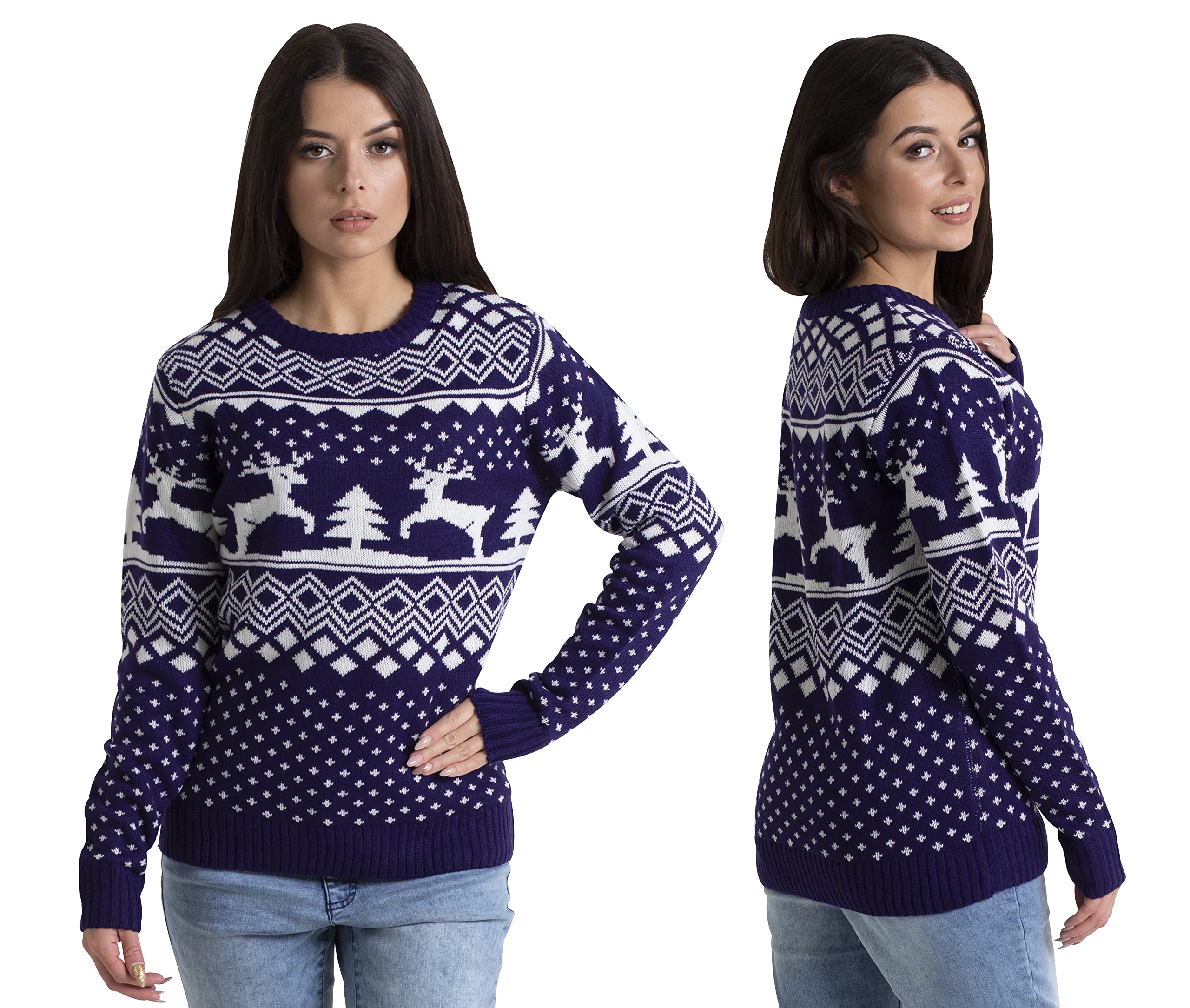 westAce Womens Christmas Jumpers Xmas Knitted Reindeer Snowflake Print Jumper for Women UK Novelty Rudolph Pullover Sweater Ugly Funny Christmas Jumpers Crew Neck Tunic Christmas Tops (Navy, XXL)