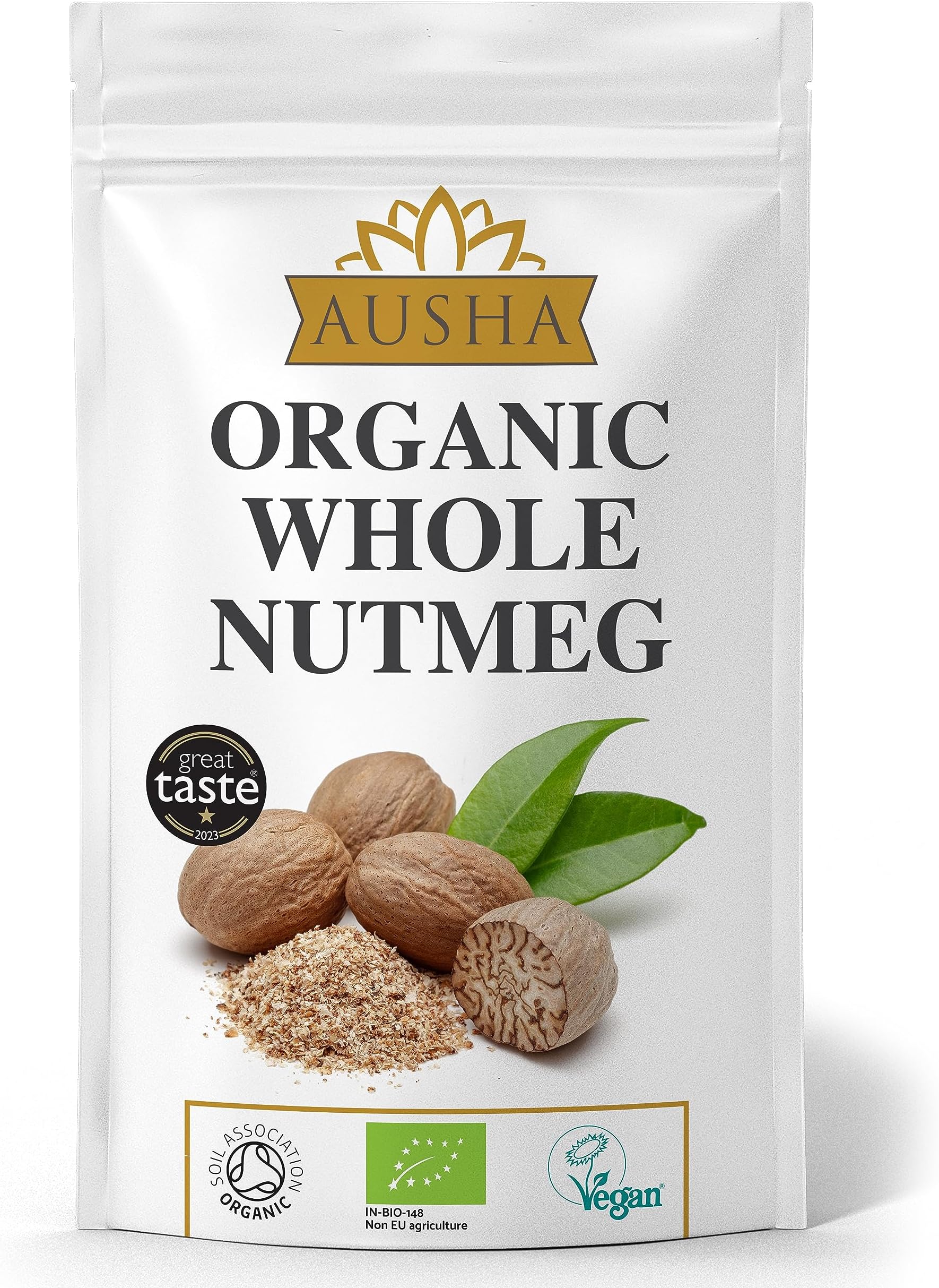 Ausha Organic Whole Nutmeg 50g - 1* Star GREAT TASTE AWARD 2023 - Certified Organic by Soil Association - GREAT TASTE PRODUCER