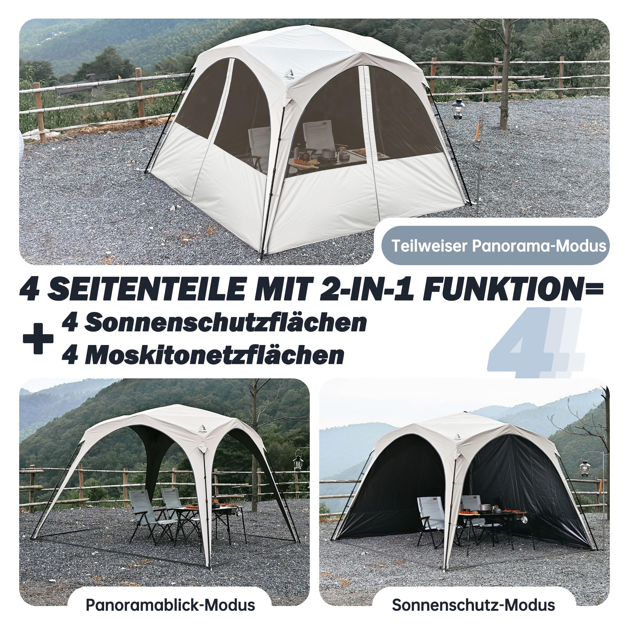 Camping Pavillon 3×3m Kuppelzelt mit 4 or 2×2-in-1 Seitenteilen Wasserdicht Sonnenschutz und Moskitonetz mit Titan-Blackout Beschichtung Camping & Strand & Gartenzelt Pop Up Zelt Aufbau