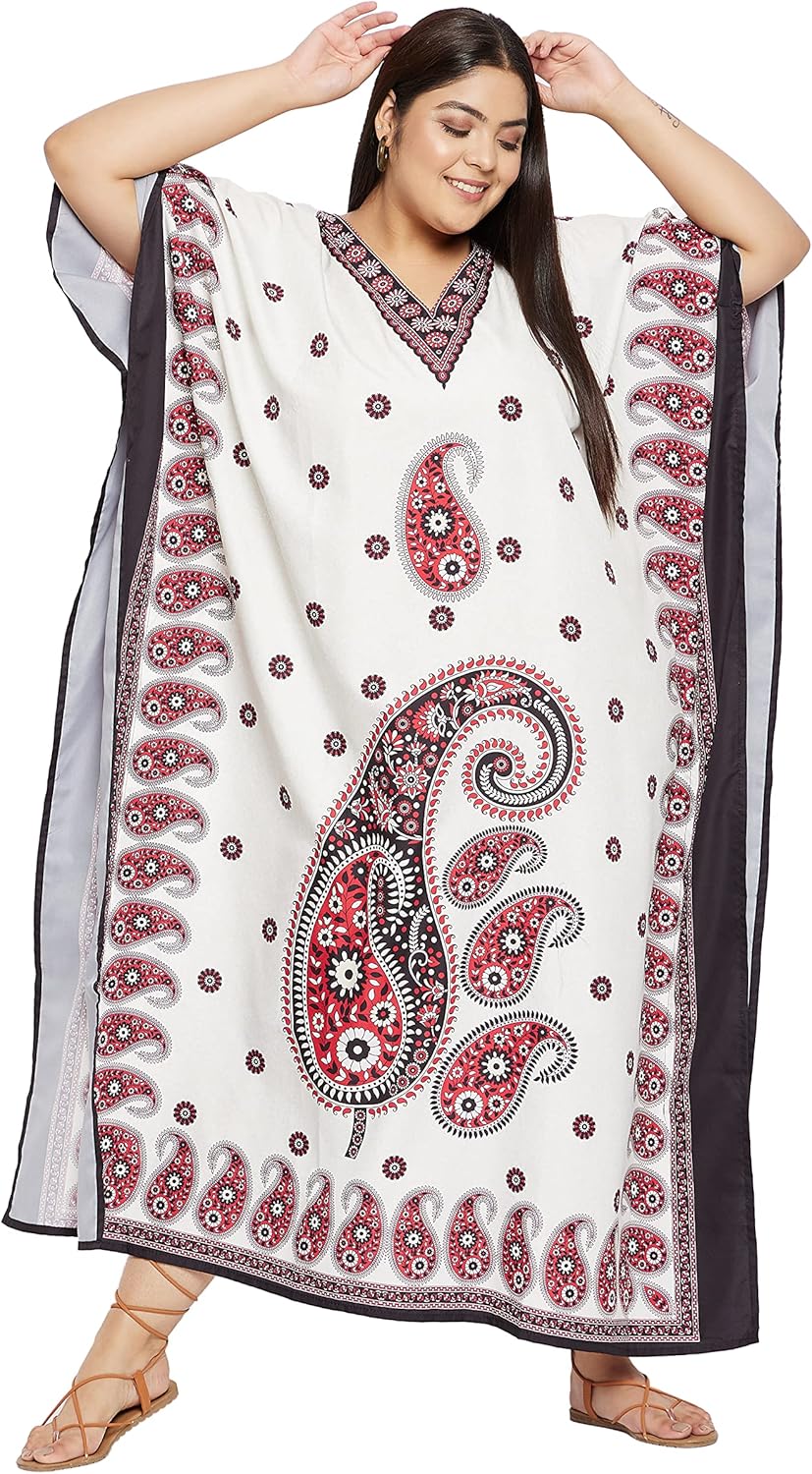 Gypsie Blu Women’s Plus Size Printed Caftan Maxi Dress Beach Cover Up, V-Neck Kimono Sleeve Summer Dress