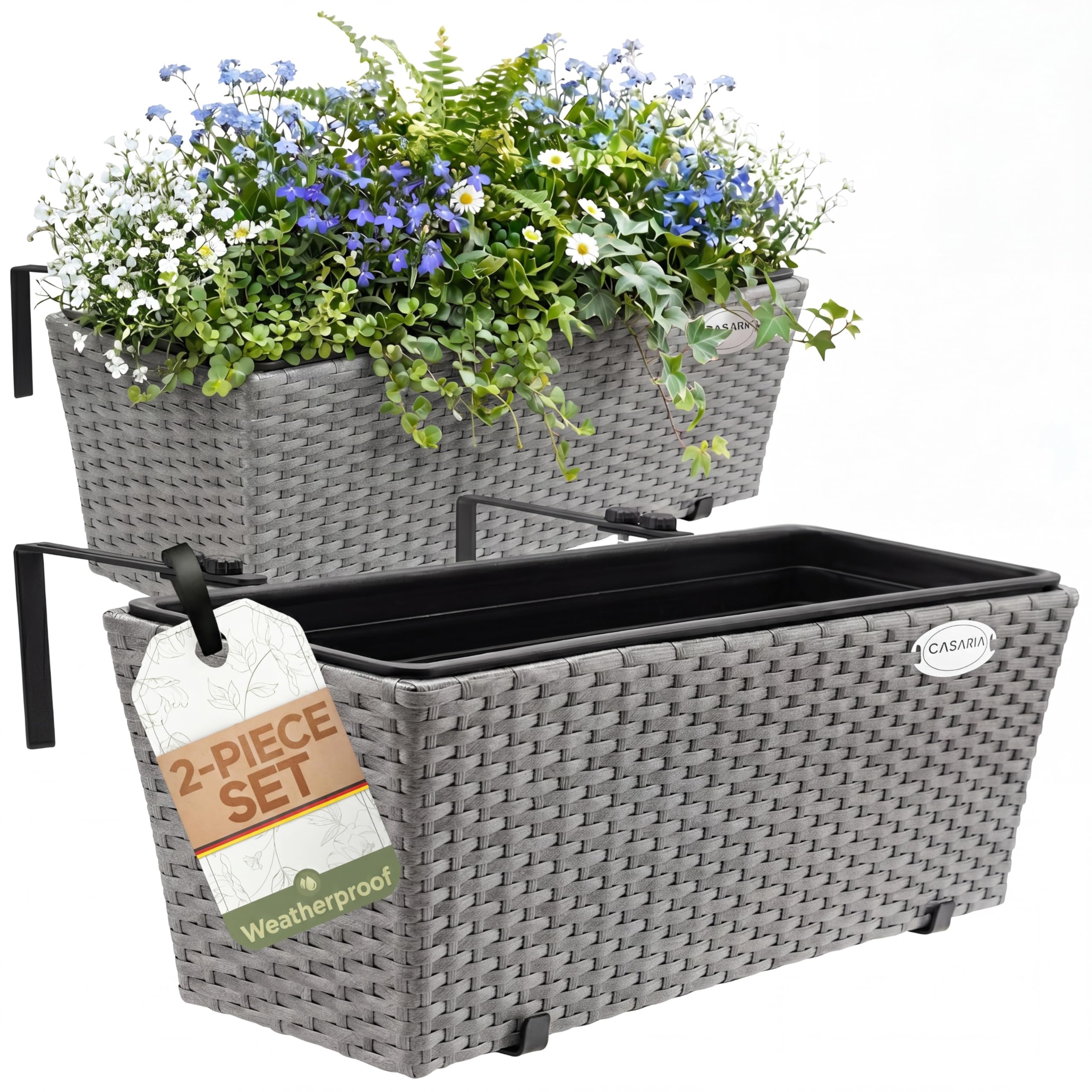 CASARIA® Set of 2 Flower Boxes | Weatherproof Poly Rattan | Hangable with Mounting Brackets | Floating Planters Perfect for Balcony Windowsill Railing Gate or Fence | 60 x 20 x 19cm | 11 L | Grey