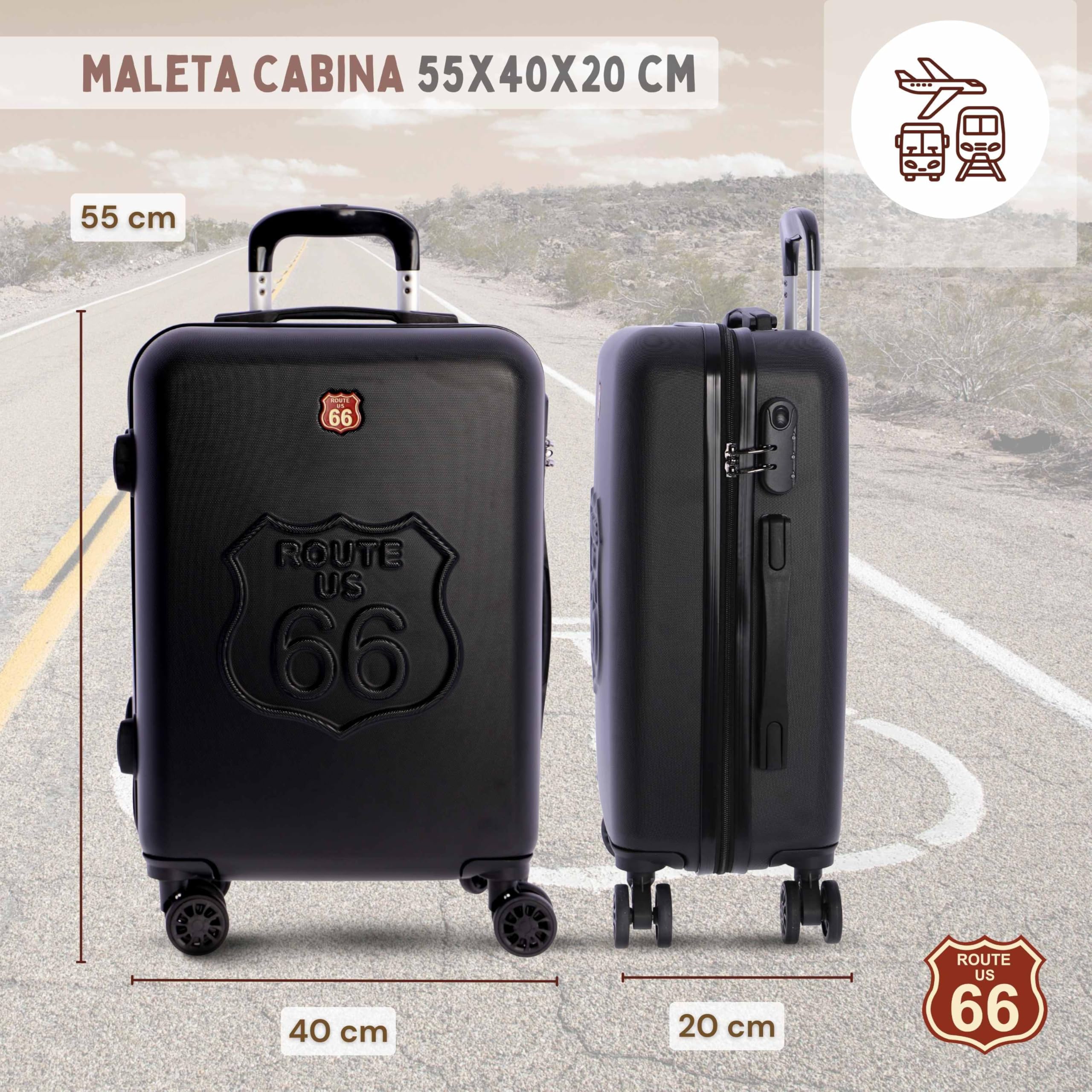 ROUTE 66 - Maleta Cabina 55x40x20- Maletas de Viaje - Maletas de Viaje Cabina Apta para Ryannair- Trolley Equipaje para Avion Resistente con 4 Ruedas de 360º y candado numérico