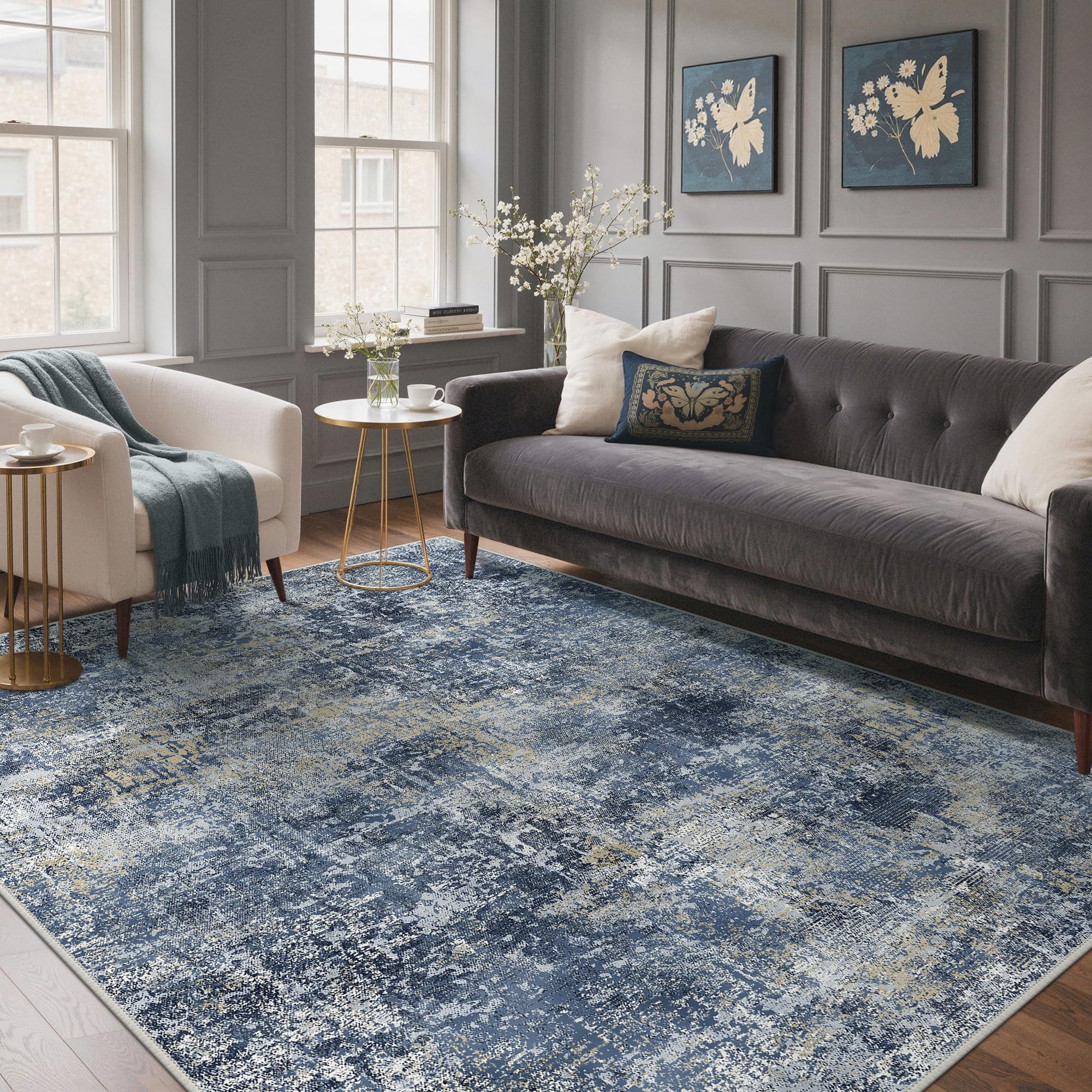 GENIMO Rug Living Room 240x300cm, Extra Large Modern Abstract Area Rugs Washable, Non-Slip Floor Carpet, Low Pile, Non-Shedding, Dining Room, Bedroom, Kitchen, Indoor, Multi-Tone Blue Abstract