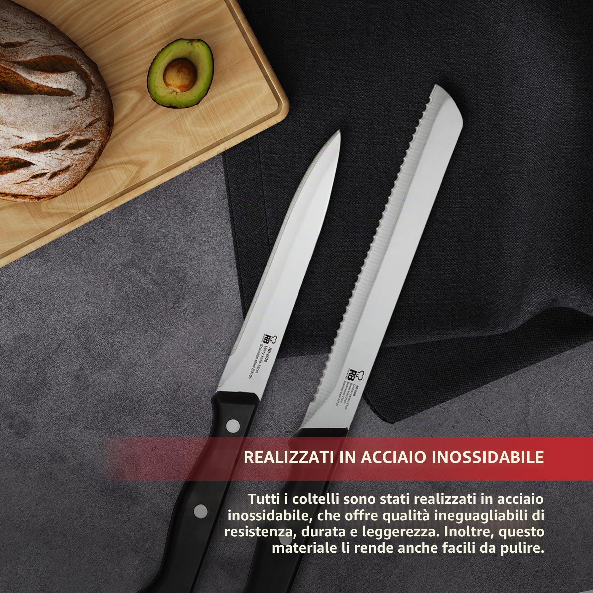 RENBERG Tenessy | Coltelli da Cucina | Set Completo di 15 Pezzi con Ceppo di Legno | Perfetti per Tagliare Ogni Ingrediente | Cucina Professionale | Fabbricati in Acciaio Inox