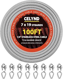 CELYND 100FT 1/4" T316 Stainless Steel Wire Rope Cable - 6700LB Breaking Strength, Clamps & Thimbles for Deck Railing, Zipline, Marine