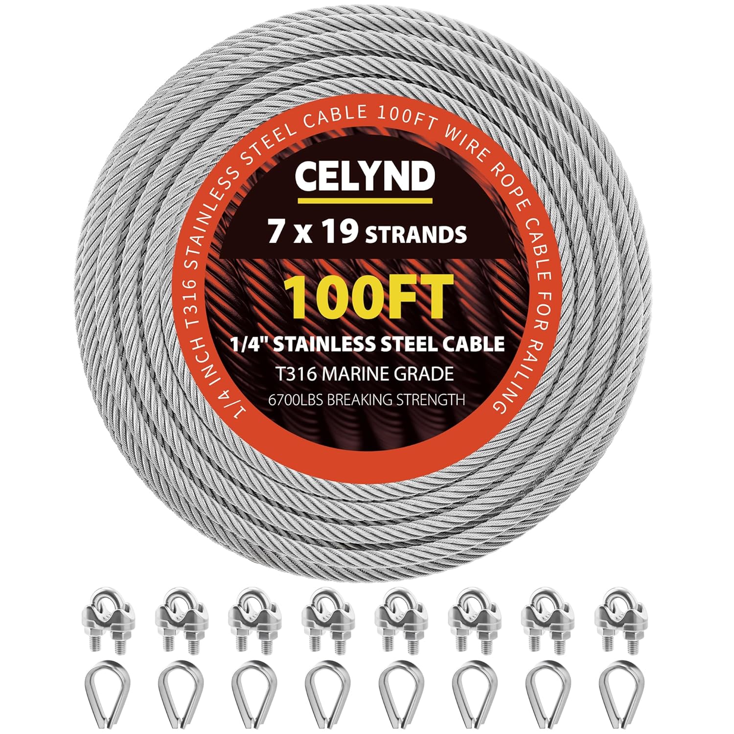 CELYND 100FT 1/4" T316 Stainless Steel Wire Rope Cable - 6700LB Breaking Strength, Clamps & Thimbles for Deck Railing, Zipline, Marine