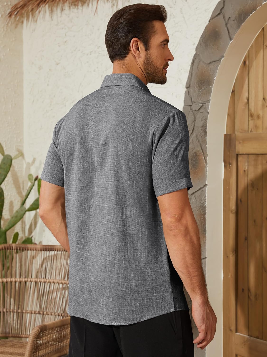 Mens Button Down Short Sleeve Shirt Linen Textured Summer Casual Dress Shirts Tropical Beach Vacation Wedding Tops - Image 3