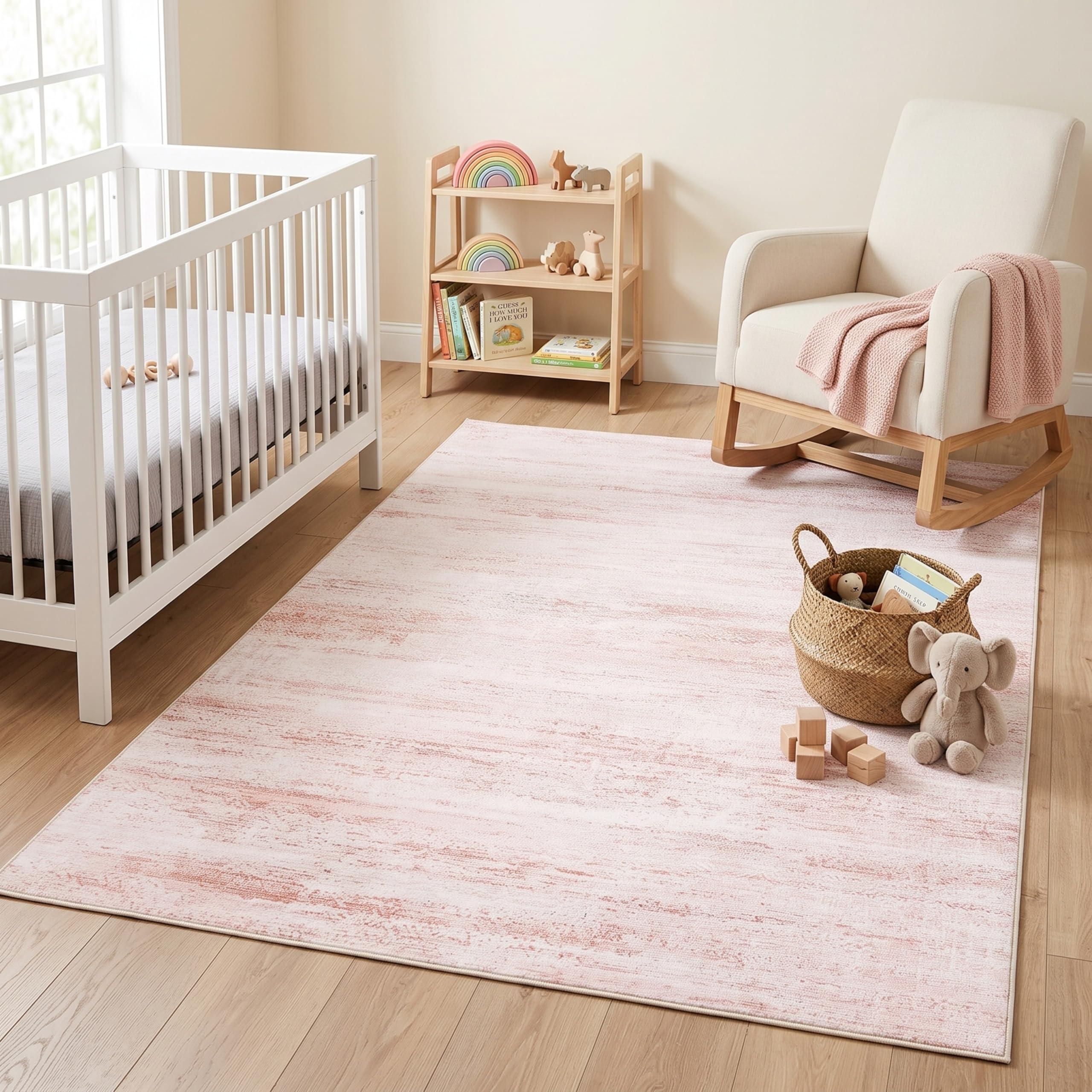 FairyStyle Boho Geometric Striped Pink 120 x 170 cm Washable Area Rug, Faux Wool Low-Pile Non-Slip Carpet with TPR Backing for Bedroom, Living Room, Dining Area and Home Office