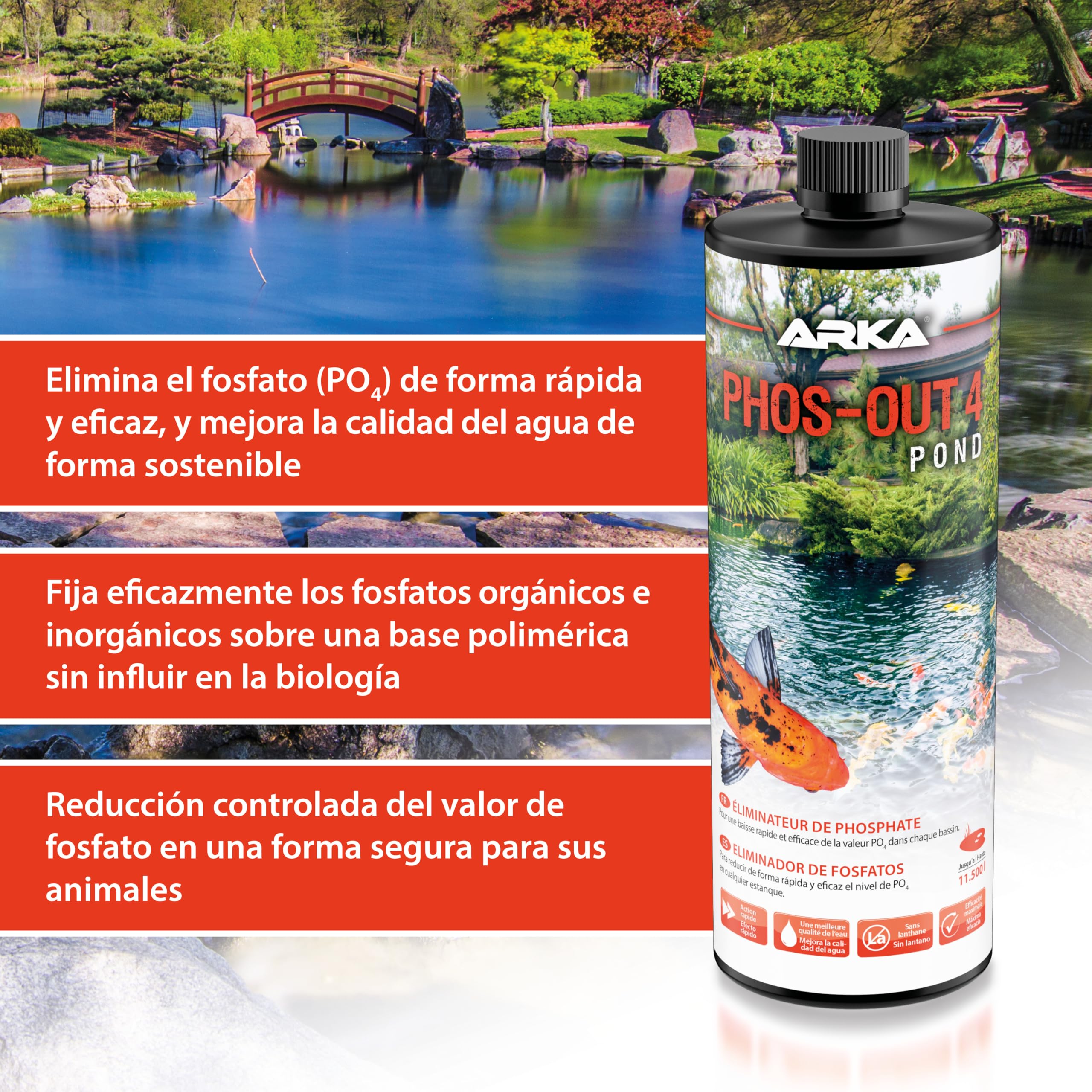 ARKA Pond Phos-out 4-946 ml - Eficaz eliminador líquido de fosfatos para estanques, Mejora la Calidad del Agua sin Utilizar lantano.