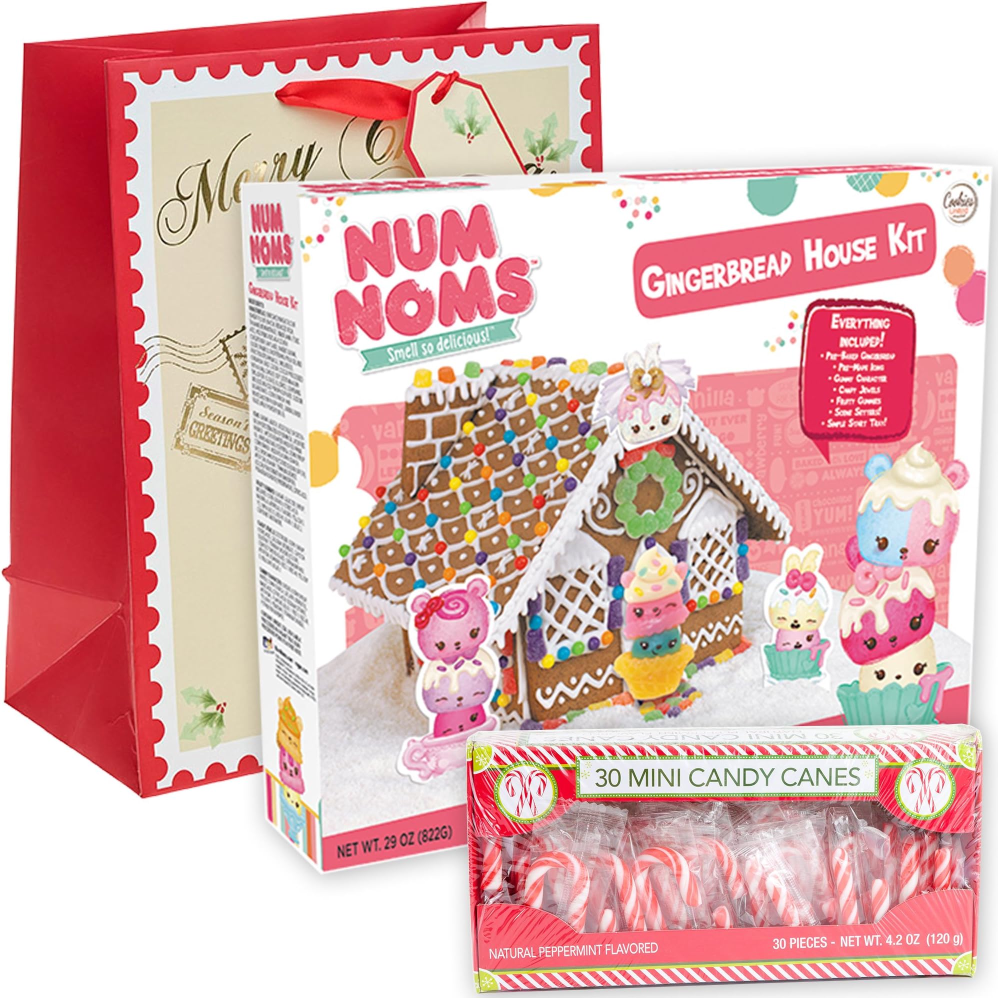 Num Noms Gingerbread House Kit Pre-baked + Pack of 30 Mini Peppermint Candy Cane + Holiday Themed Gift Basket Bag | Christmas DIY Large 29 Oz Kit | Fruity Gummies Swirl Jewels Smell So Delicious