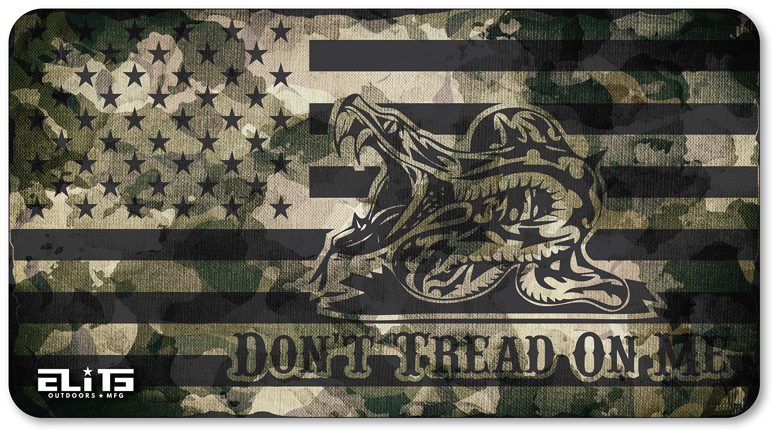 ELITE OUTDOORS MFG Dirty CAMO Gadsden Don't Tread ON ME USA Flag Gun Cleaning MAT 12inch x 22inch. Made in The USA. Free Wallet Bottle Opener Included. , X-Large