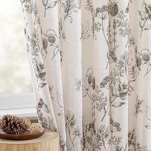 HOMEIDEAS Floral Linen Curtains, Vanilla Printed Pattern Vintage French Country