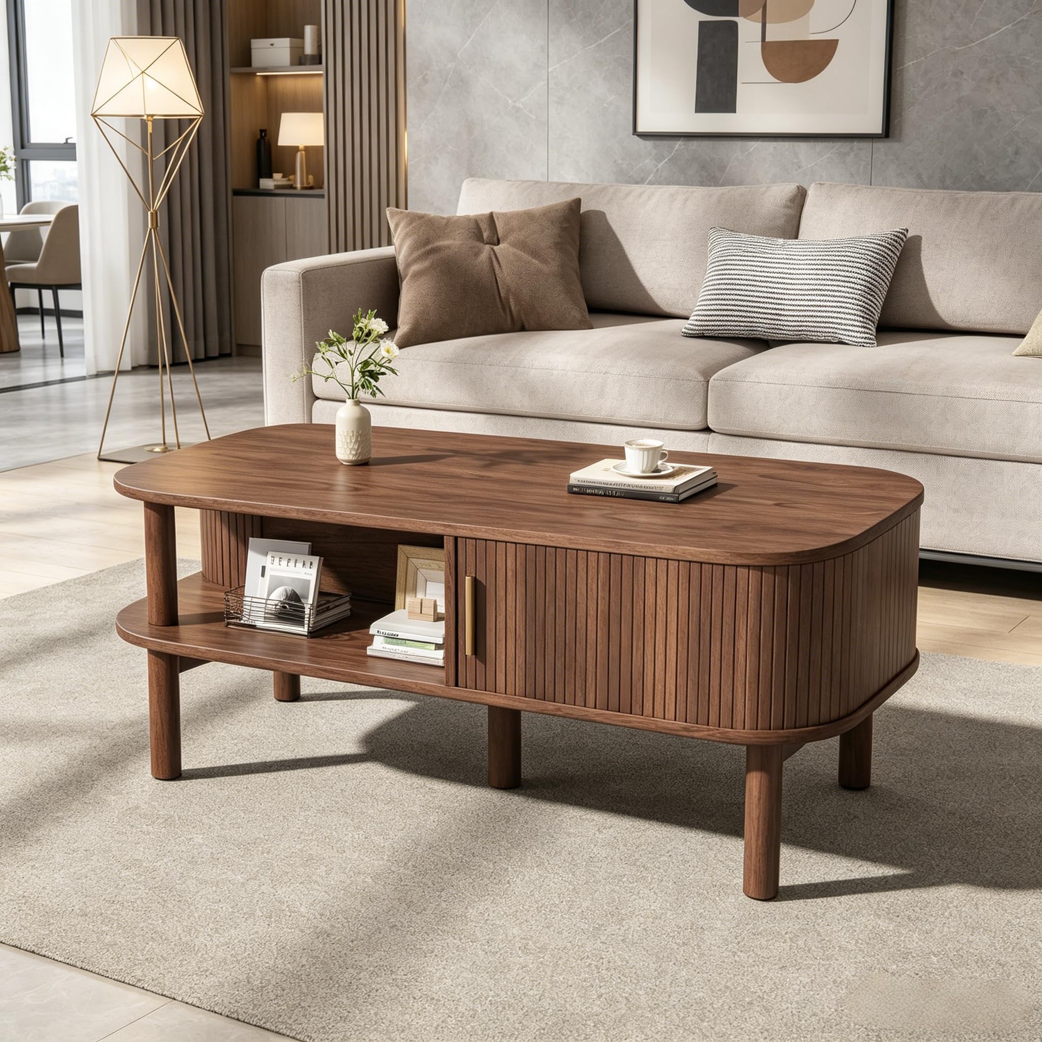 Couchtisch 110x55x45cm aus MDF, Skandinavischer, Rolltor, offene Fächer, Stauraum, belastbar 60 kg, Walnussholzfarbe