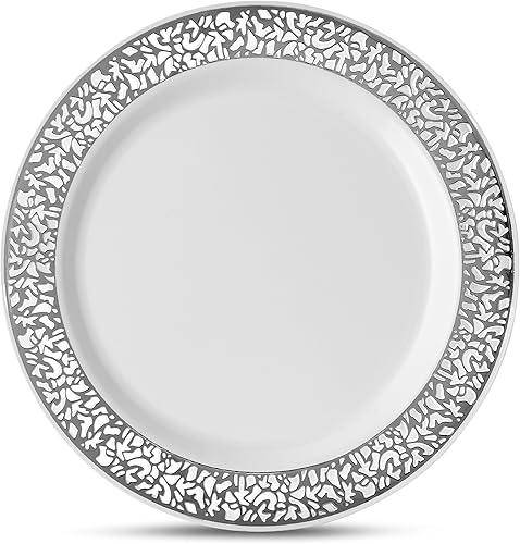 Miniatura 3 de Laura Stein - 60 platos de 7 pulgadas - Vajilla de diseñador de plástico pesado de alta calidad, platos de ensalada con borde plateado, plato de