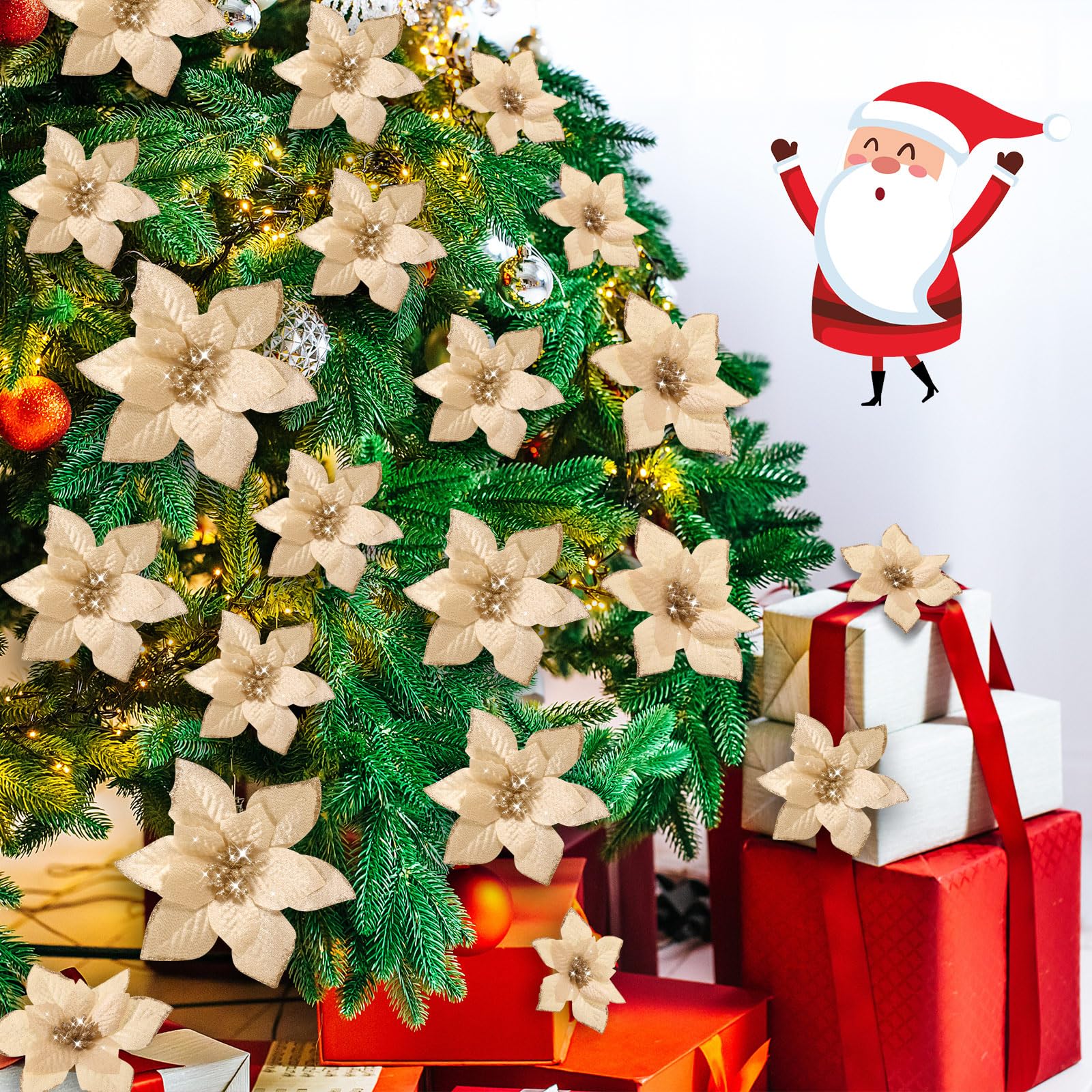 36 Pcs 3 Size Christmas Poinsettia Christmas Tree Flowers Glitter Faux Flowers Decoration Artificial Poinsettia Ornaments For Christmas New Year Home Outdoor Decoration (Champagne,3/ 4/ 6 Inch) - Image 4
