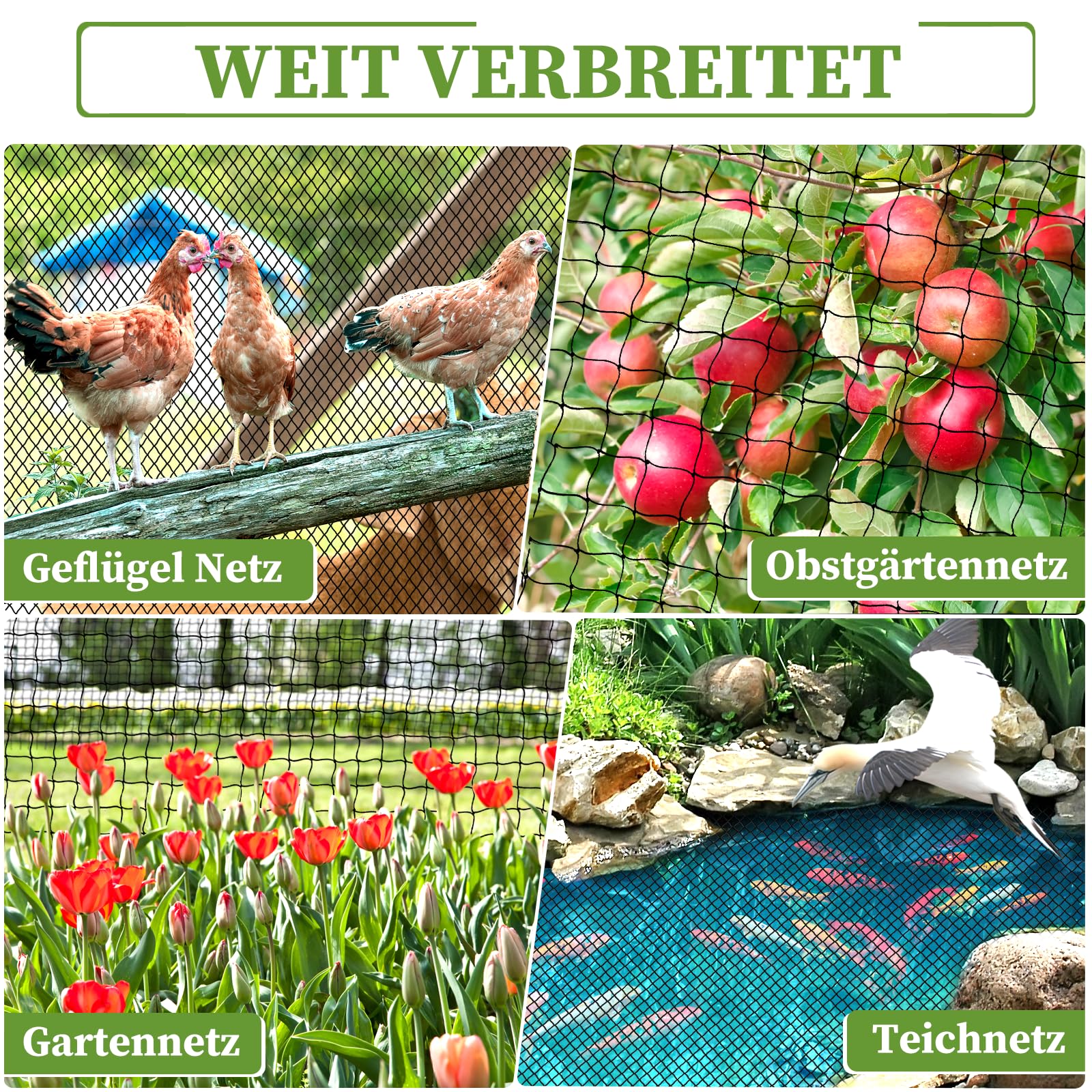 15m x 15m Vogelschutznetz, Vogelnetz mit 2.5cm Feinmaschig für Gartennetz, Teichnetz als Katzennetz für Balkon, UV-beständig Obstbäumenetz Laubnetz mit 6 Bodenanker