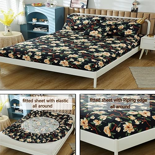 Miniatura 5 de FADFAY - Juego de sábanas para cama Cal King, diseño floral, color negro y amarillo, elegante, estampado de peonías, ropa de cama antigua de granja,
