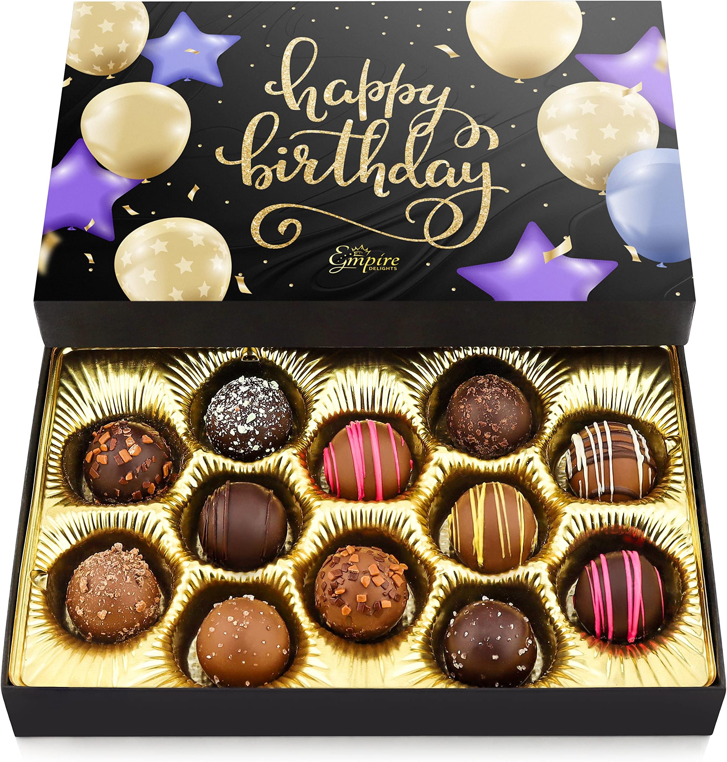 Happy Birthday Chocolates - 12 Assorted Milk & Dark Chocolate Truffles - Gourmet Box - Birthday Gifts for Women & Men, 6 oz