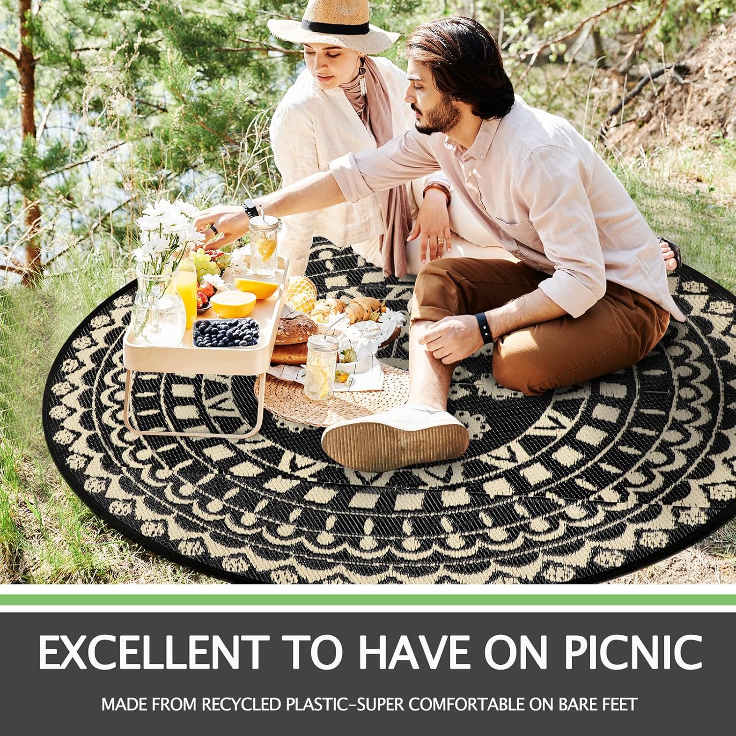 Capslpad 5Ft Round Outdoor Rug for Patio Reversible Mat Waterproof Plastic Straw Rug Boho Circle Indoor Outside Area Rug for RV Camping Picnic Pool Tent Balcony Beach Deck Doormats Decor, Beige