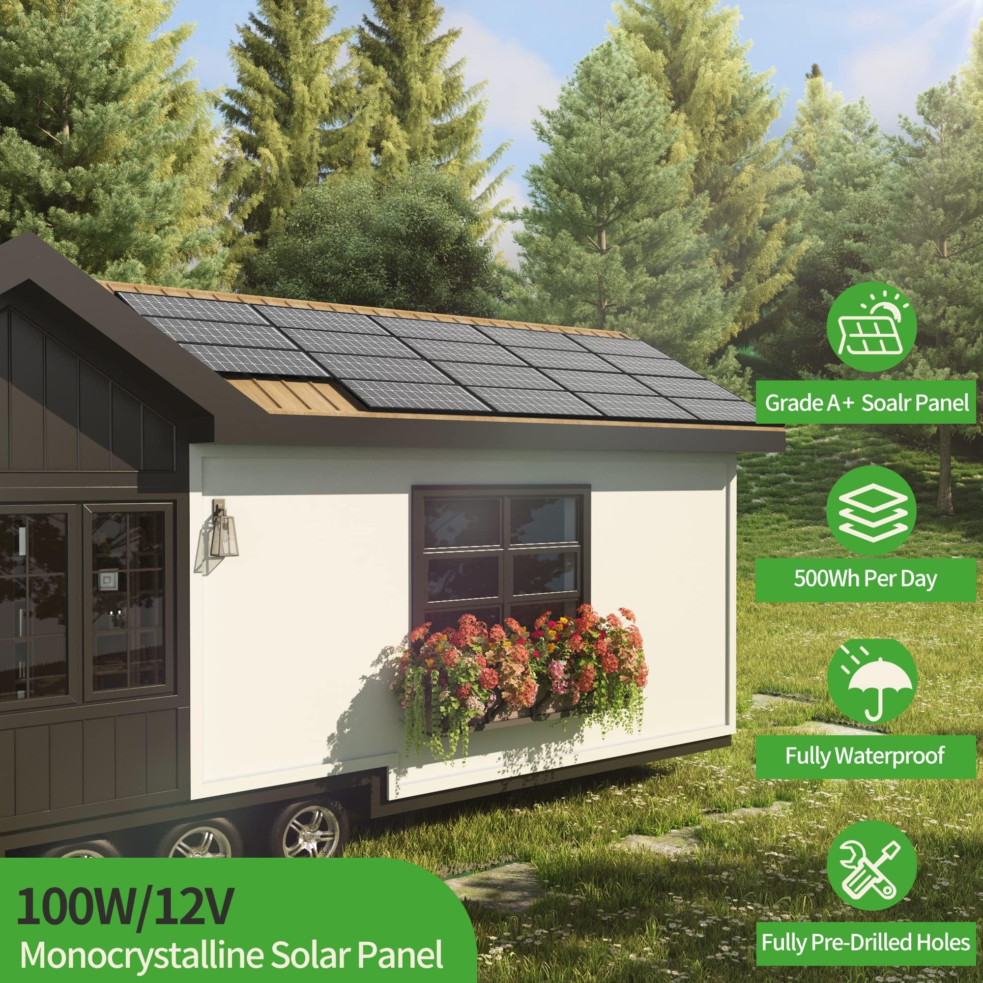 JJN Pannello solare 16BB da 100 Watt, pannelli solari ad alta efficienza tipo N, modulo solare ad alta efficienza con tasso di copertura del 25%, carica fotovoltaica per barche, tetti, roulotte e