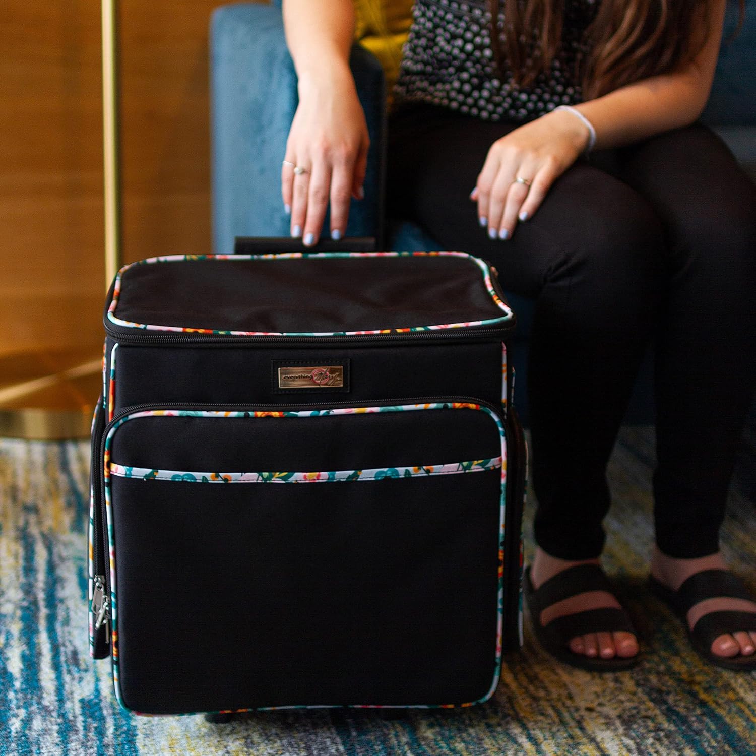 Everything Mary Rolling Scrapbook Tote – Black & Floral Trim Craft Bag with Wheels – Storage Organizer for Scrapbooking, Papercraft, Art Supplies & Craft Tools