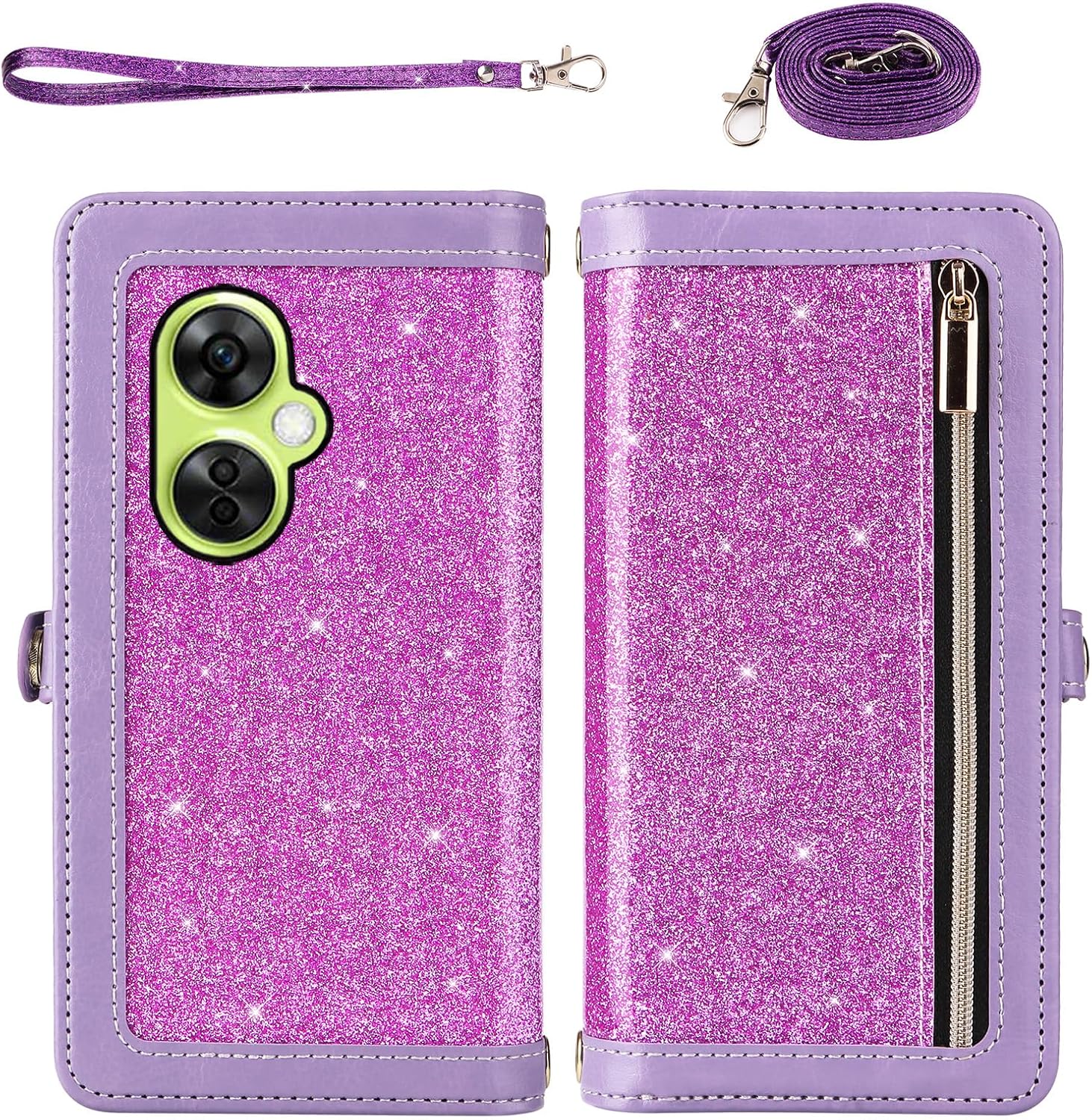 Asuwish Phone Case for OnePlus Nord N30 5G/CE 3 Lite Zipper Wallet Cell Cover with Tempered Glass Screen Protector Strap Bling Glitter Flip Card Holder Oppo K11x/One Plus 1 1+ N 30/CE3 Women Purple