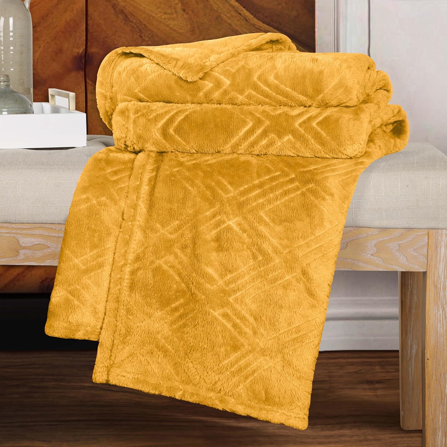 Superior Fleece Diamond Fluffy Blanket, Decorative Blankets for Bedroom, Sofa, Fuzzy, Plush, Soft, Cute Room Decor, Beautiful Cover, Comfort Essentials, Atka Collection, King Size, Gold