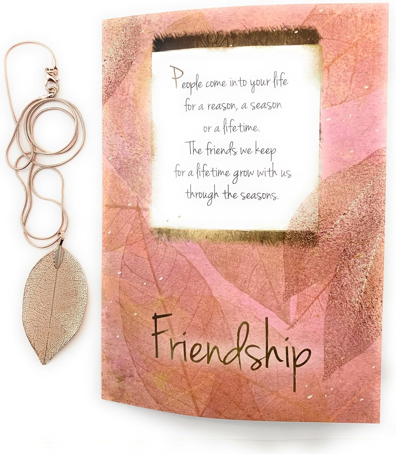 Smiling Wisdom - Friendship - A Reason Season Lifetime Growing Together Greeting Card and Real Leaf Statement Boho Necklace - Best Friend Women BFF - Real Leaf Rose Gold