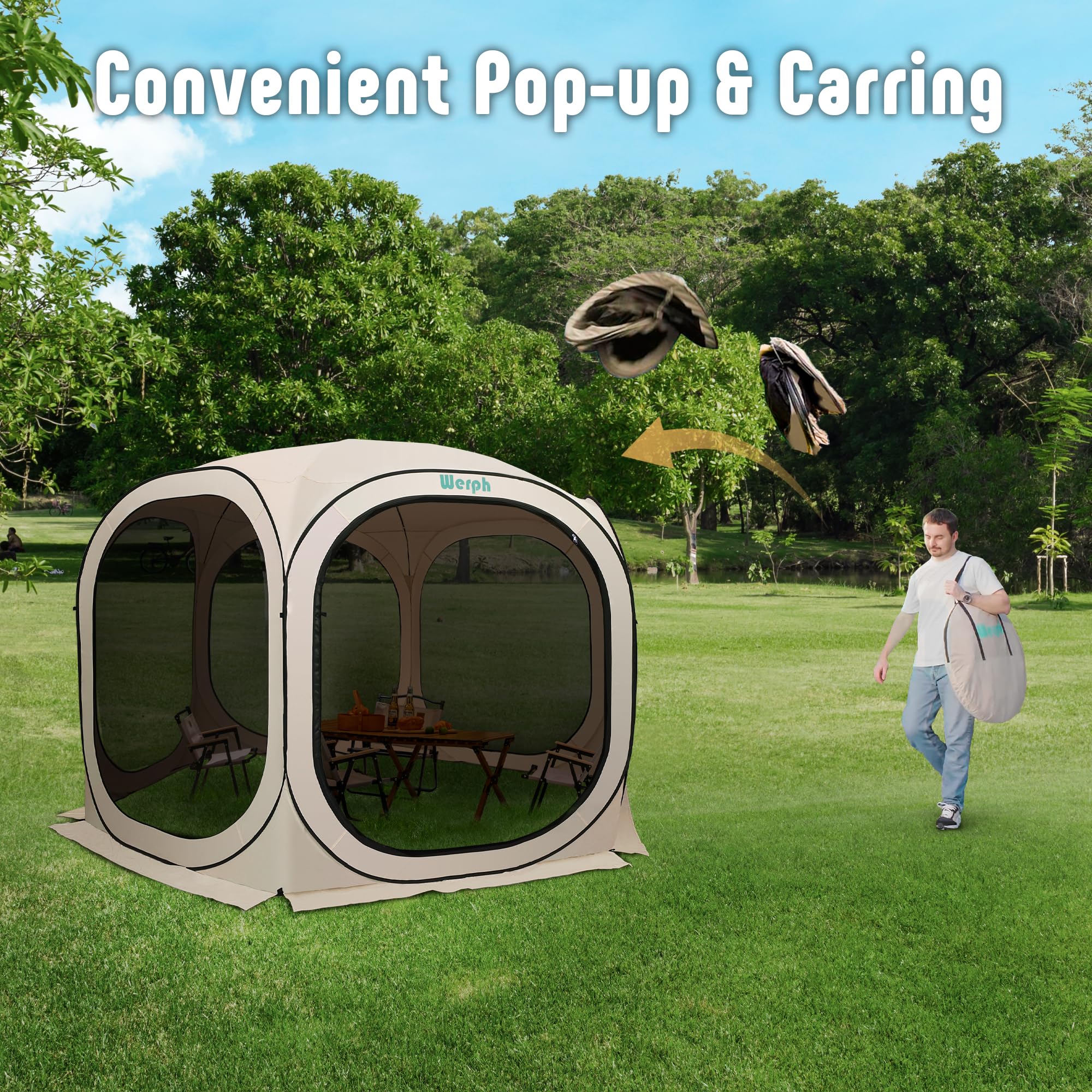 Werph Pop Up Screen Tent Canopy, Portable Screen Canopy with Mosquito Net, Outdoor Screen Room Tent 12 x12 FT with Carry Bag for Lawn & Garden, Parties?Beige